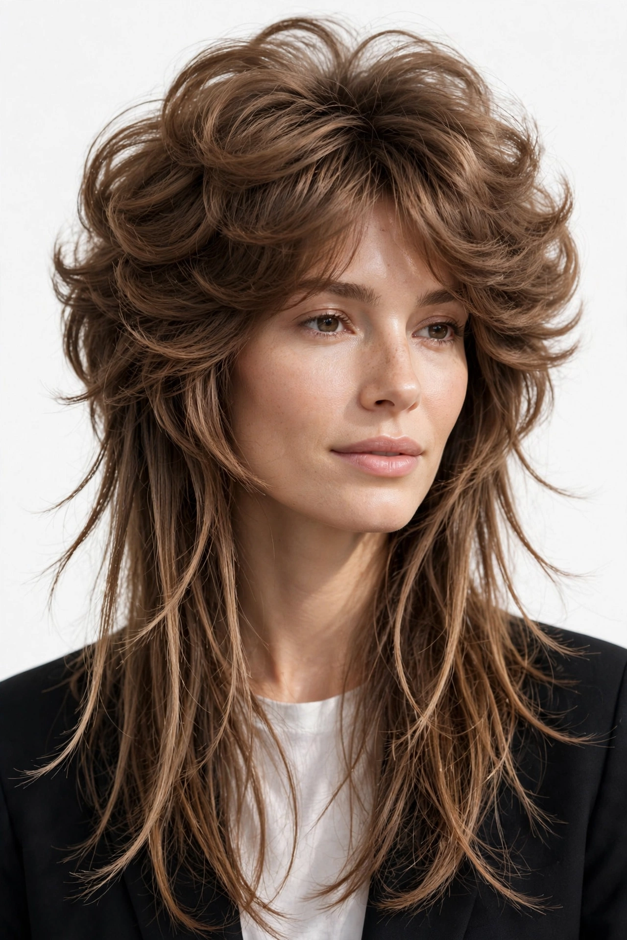 Woman with voluminous octopus haircut, rounded bouncy crown and long wispy layered ends, salon photography