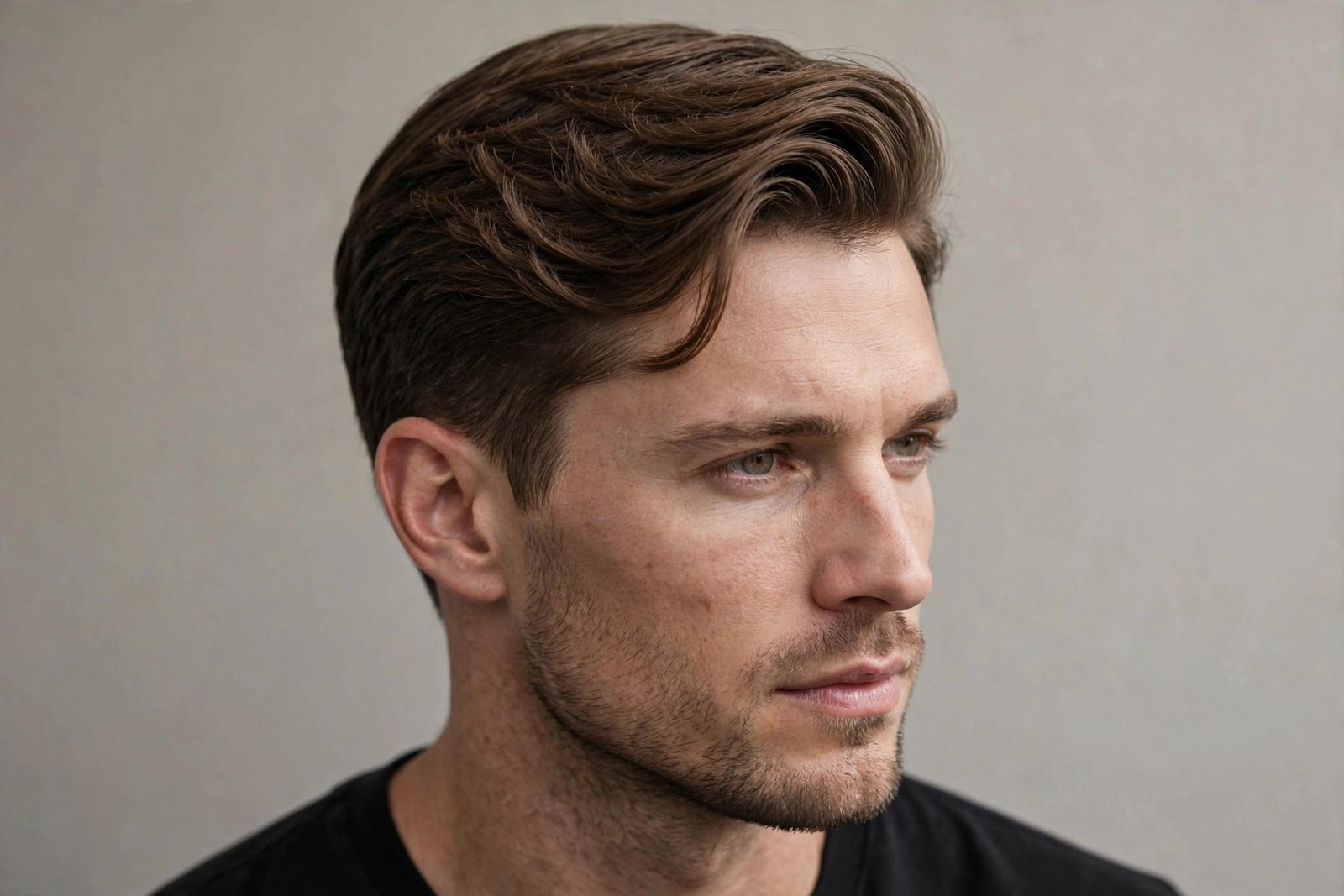 Classic side part haircut on a man with oval face, neat tapered sides, premium barbershop photography