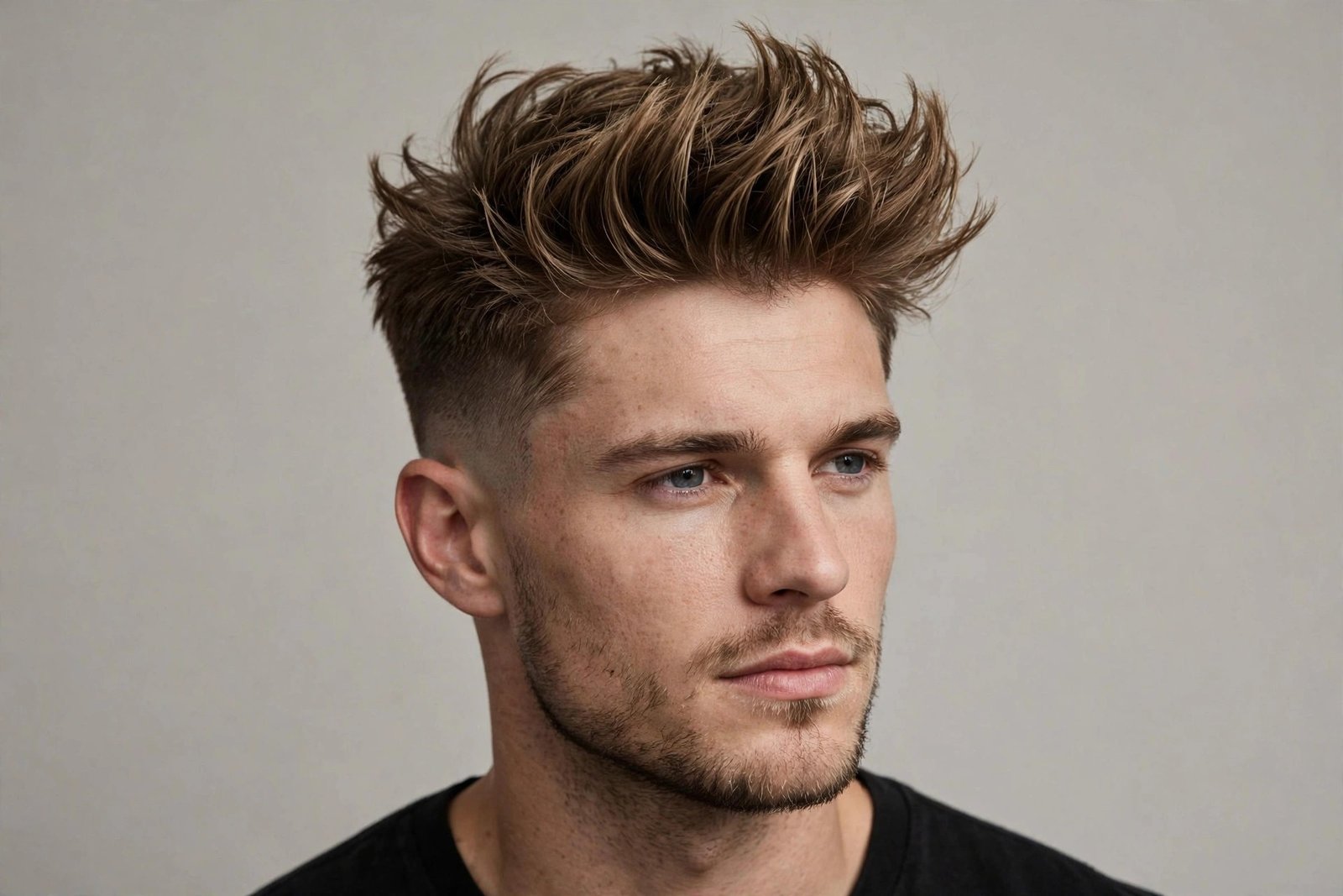 Textured quiff haircut on man with oval face, voluminous swept-up top, premium barbershop photography