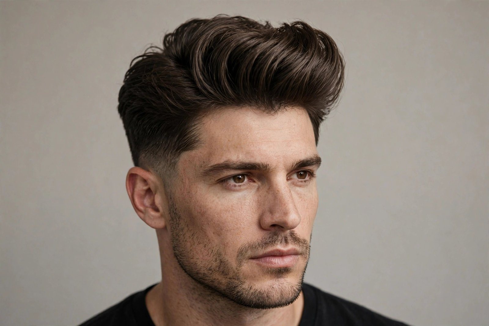 Modern textured pompadour haircut on man with oval face, voluminous swept-back top, premium barbershop photography
