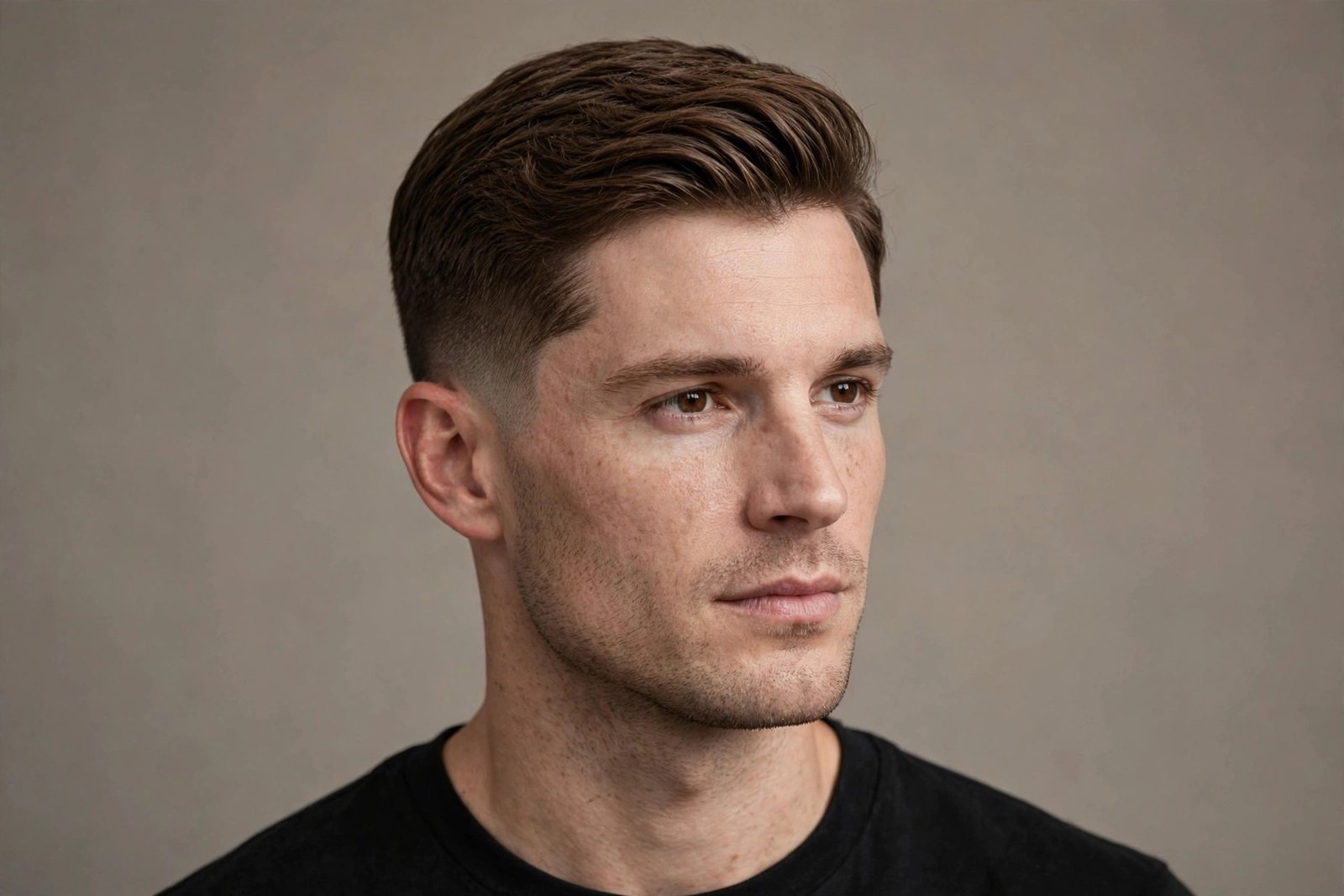 Ivy League haircut on man with oval face, short neat side-parted top, premium barbershop photography