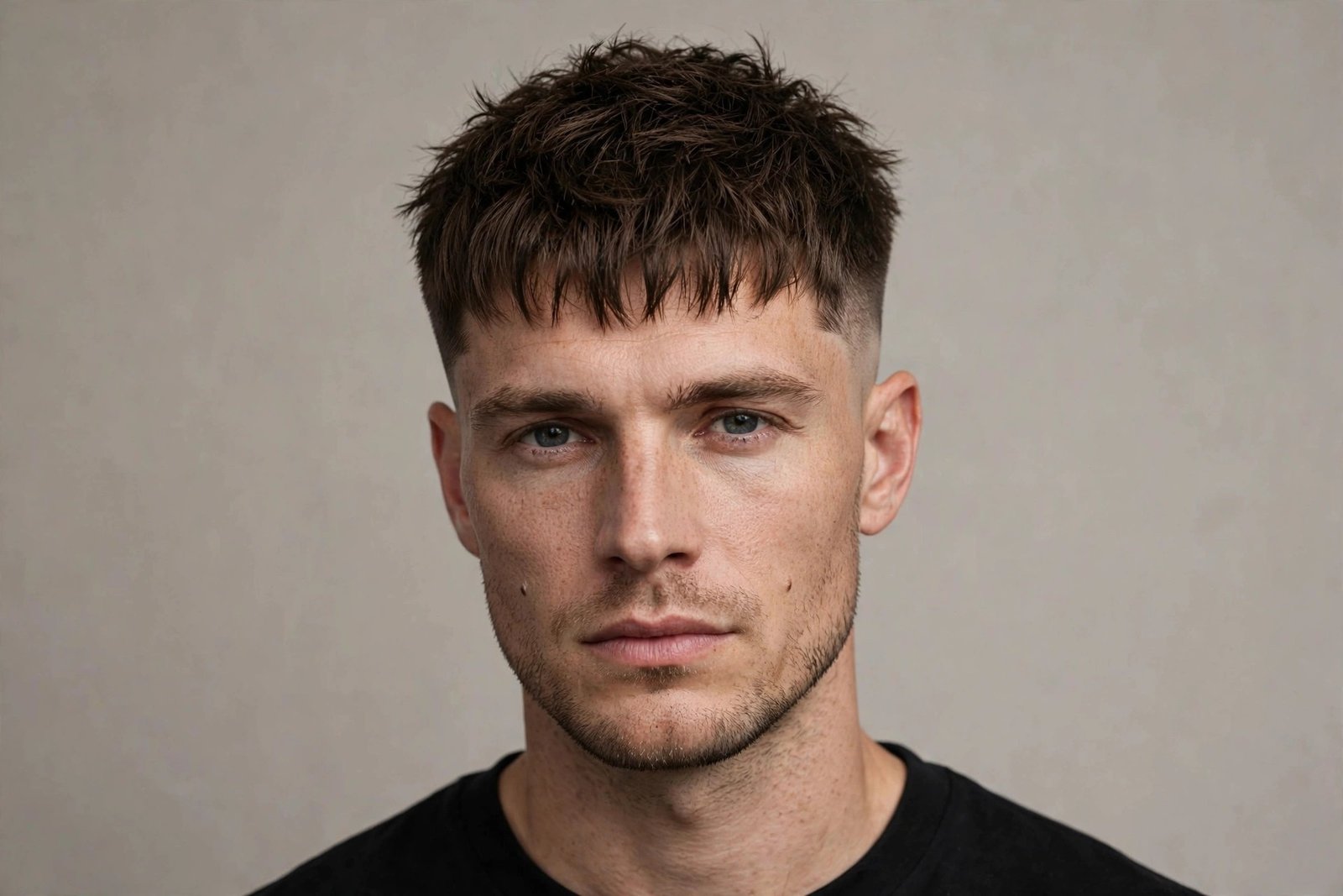French crop haircut on man with oval face, textured fringe forward, faded sides, premium barbershop photography