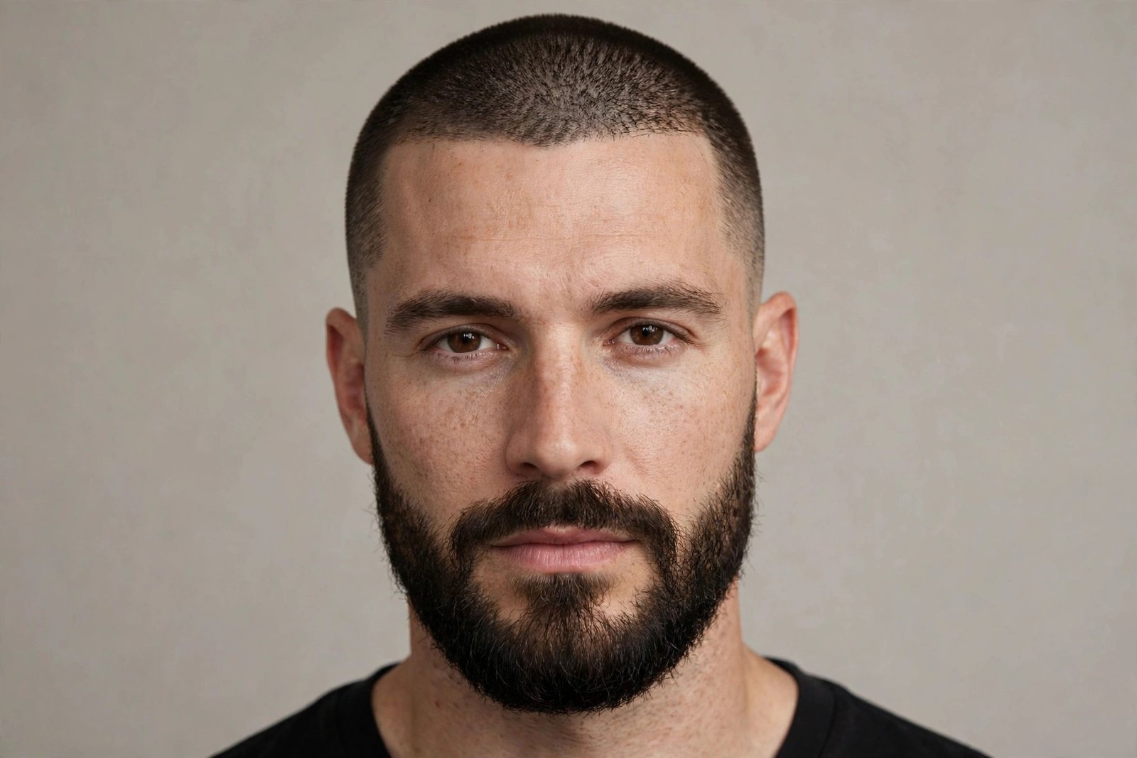 Buzz cut with balanced medium beard on man with oval face, even clipper silhouette, premium barbershop photography