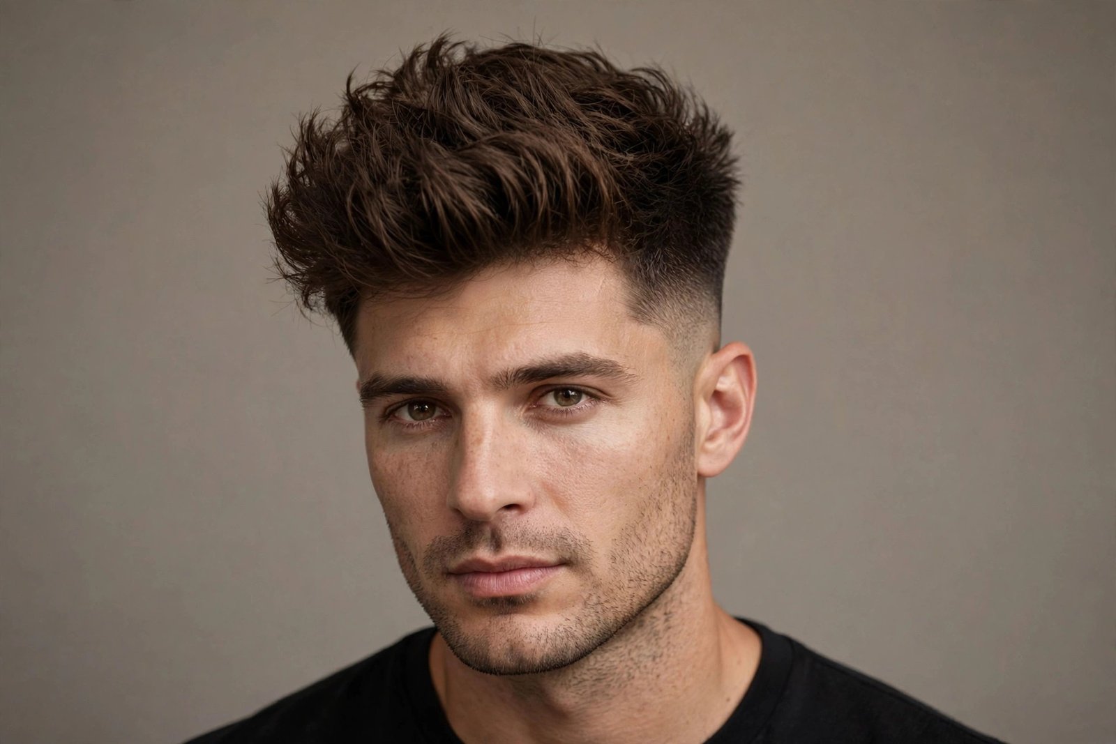 Mid fade haircut with voluminous textured top on man with oval face, seamless blend, premium barbershop photography