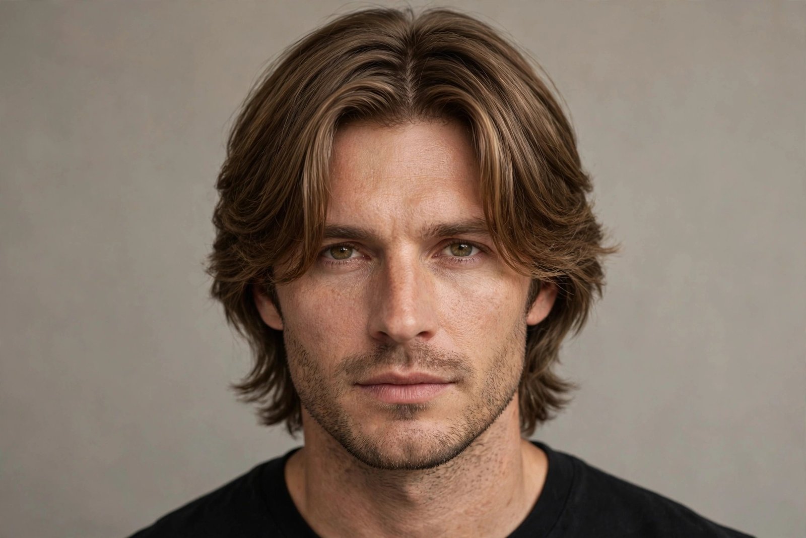 Curtain bangs middle part haircut on man with oval face, face-framing layers, premium barbershop photography