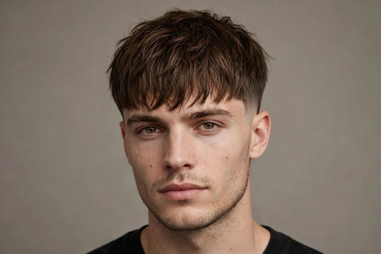 Textured fringe haircut on man with oval face, choppy forward fringe, premium barbershop photography
