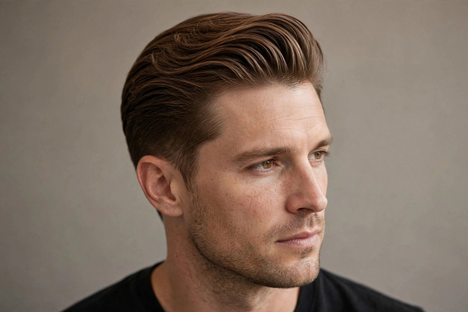 Slick back haircut on man with oval face, hair swept straight back with natural texture, premium barbershop photography