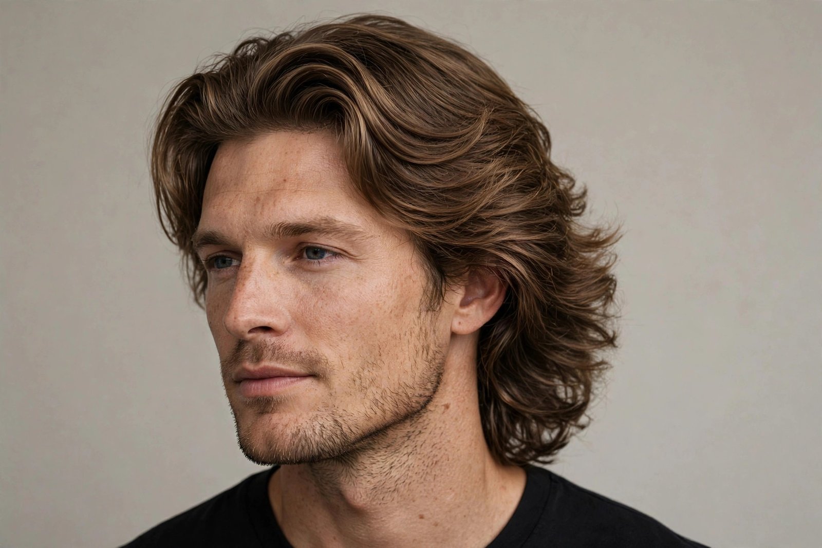Bro flow haircut on man with oval face, long layered hair flowing back naturally, premium barbershop photography