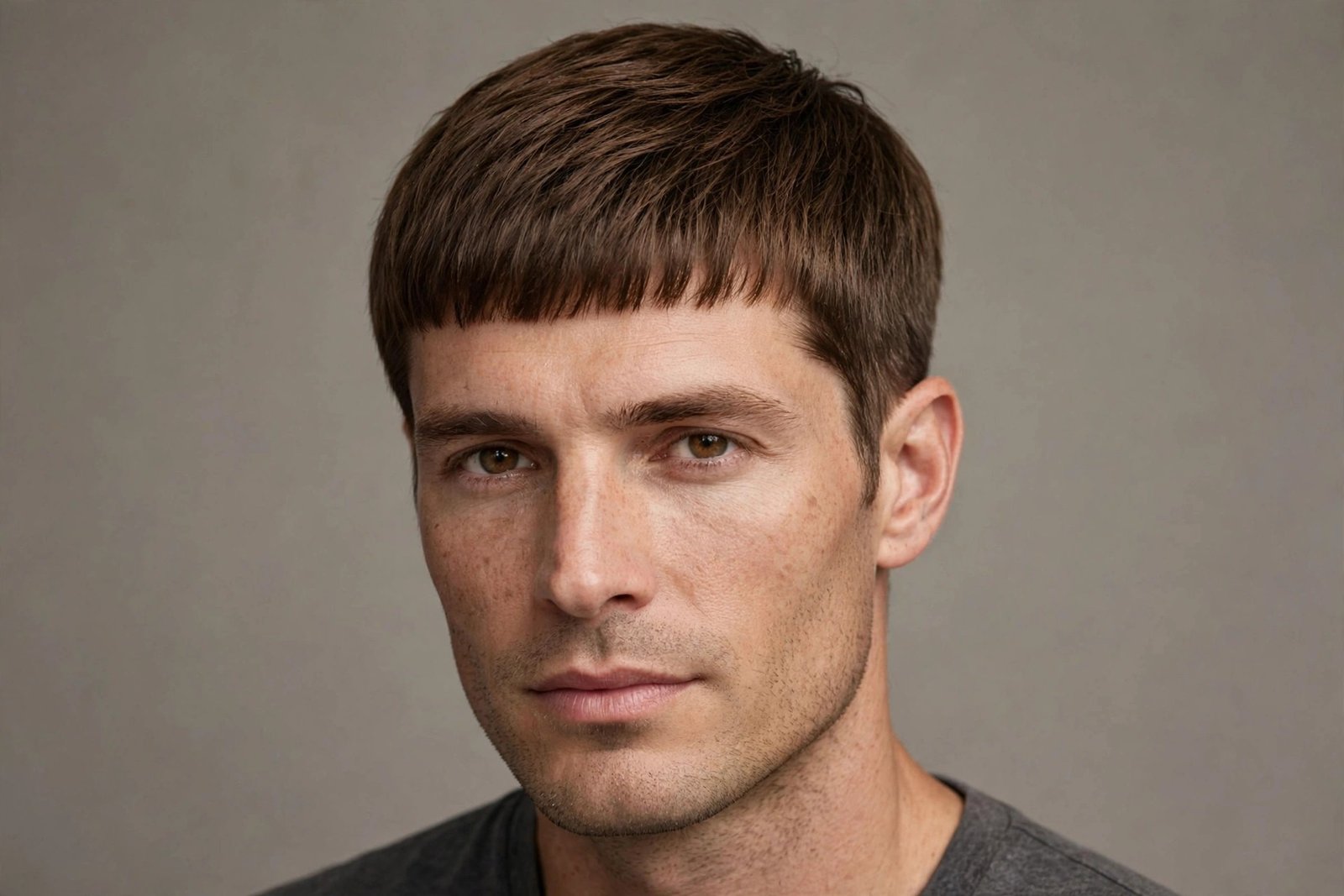 Caesar haircut on man with oval face, even short length with straight fringe, premium barbershop photography
