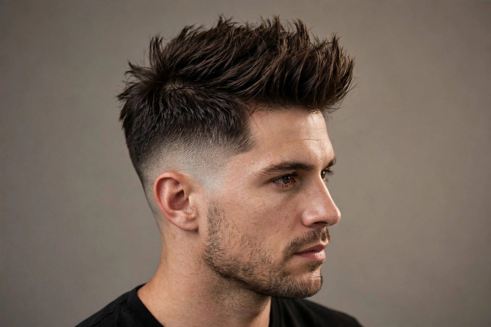 Faux hawk haircut on man with oval face, textured center volume with faded sides, premium barbershop photography