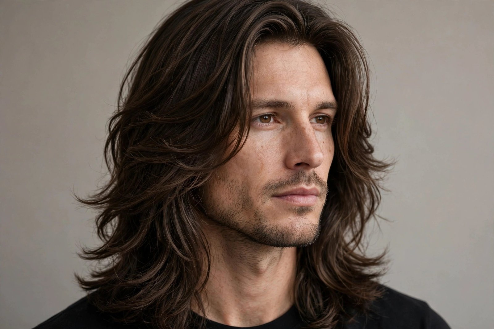 Long layered shoulder-length haircut on man with oval face, flowing natural layers, premium barbershop photography