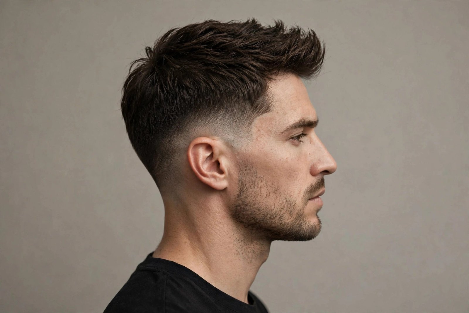 Side profile of man with oval face showing a flattering haircut shape, premium barbershop photography