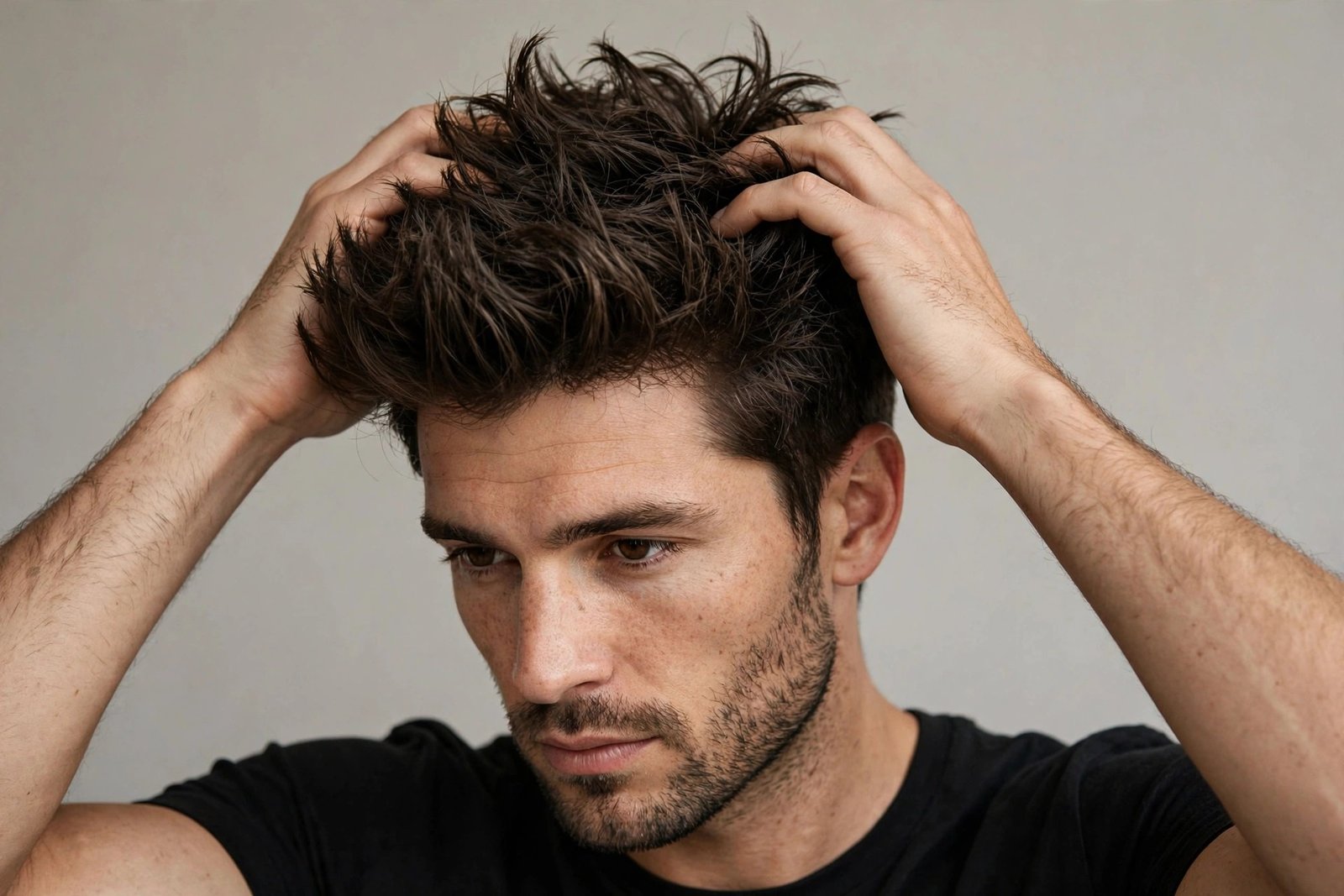 Man styling his oval face haircut in the morning, hands shaping textured hair, premium barbershop photography