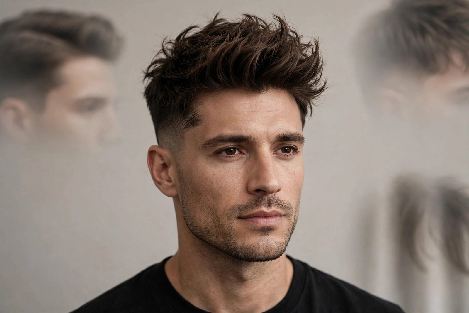 Collage-style showcase of oval face haircut ideas for men 2026: side part, quiff, crop, fade and flow styles