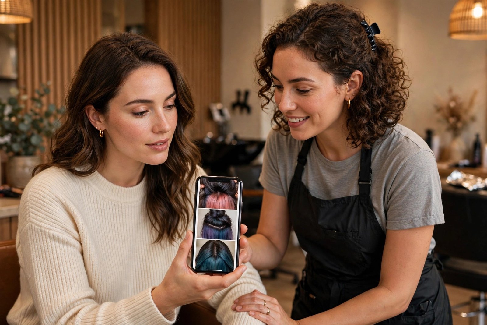 Woman consulting with a female colorist in a salon, showing reference photos of hidden hair color on her phone, professi