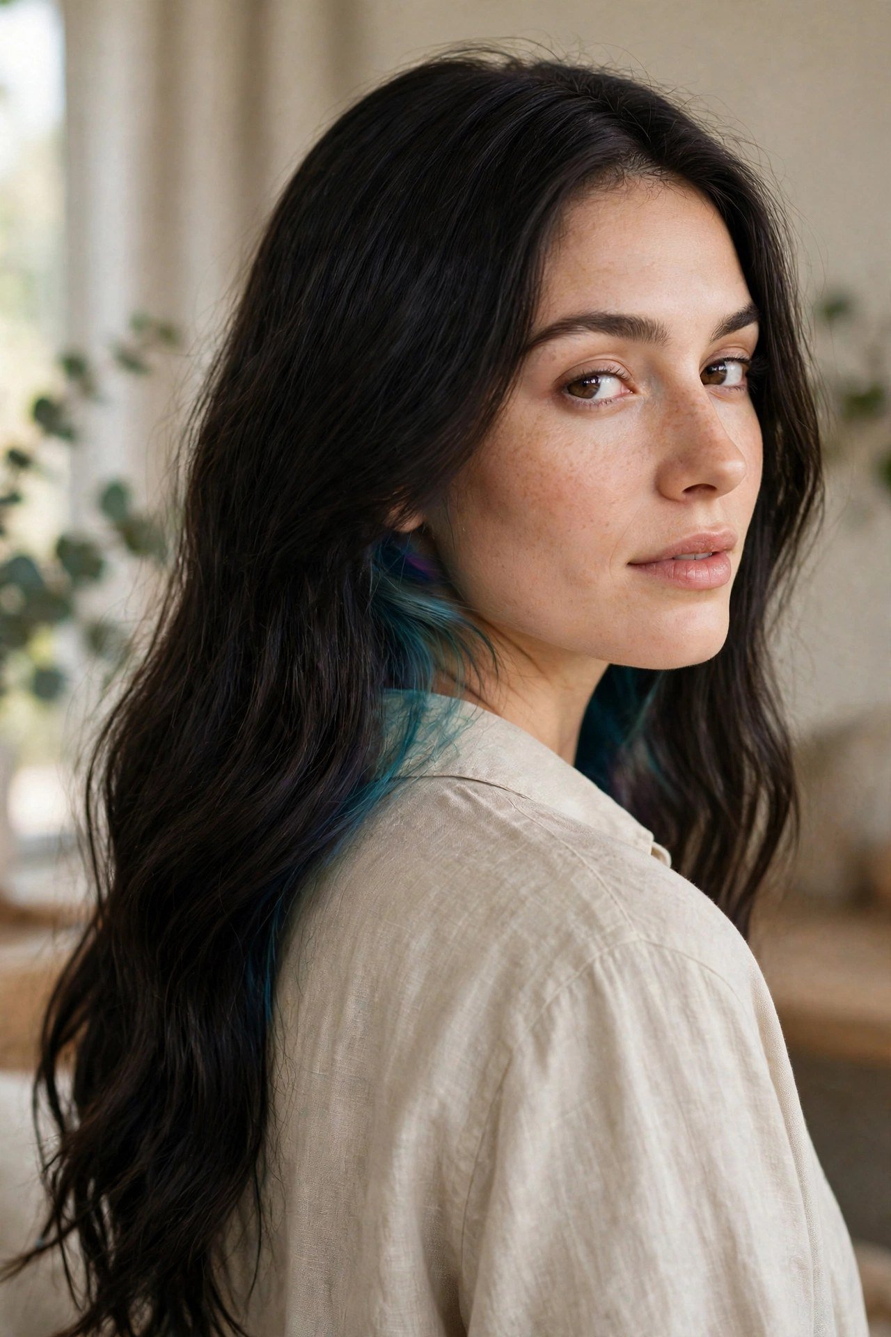 Woman with long dark hair looking over her shoulder, subtle hint of hidden color at the nape, FAQ lifestyle photography