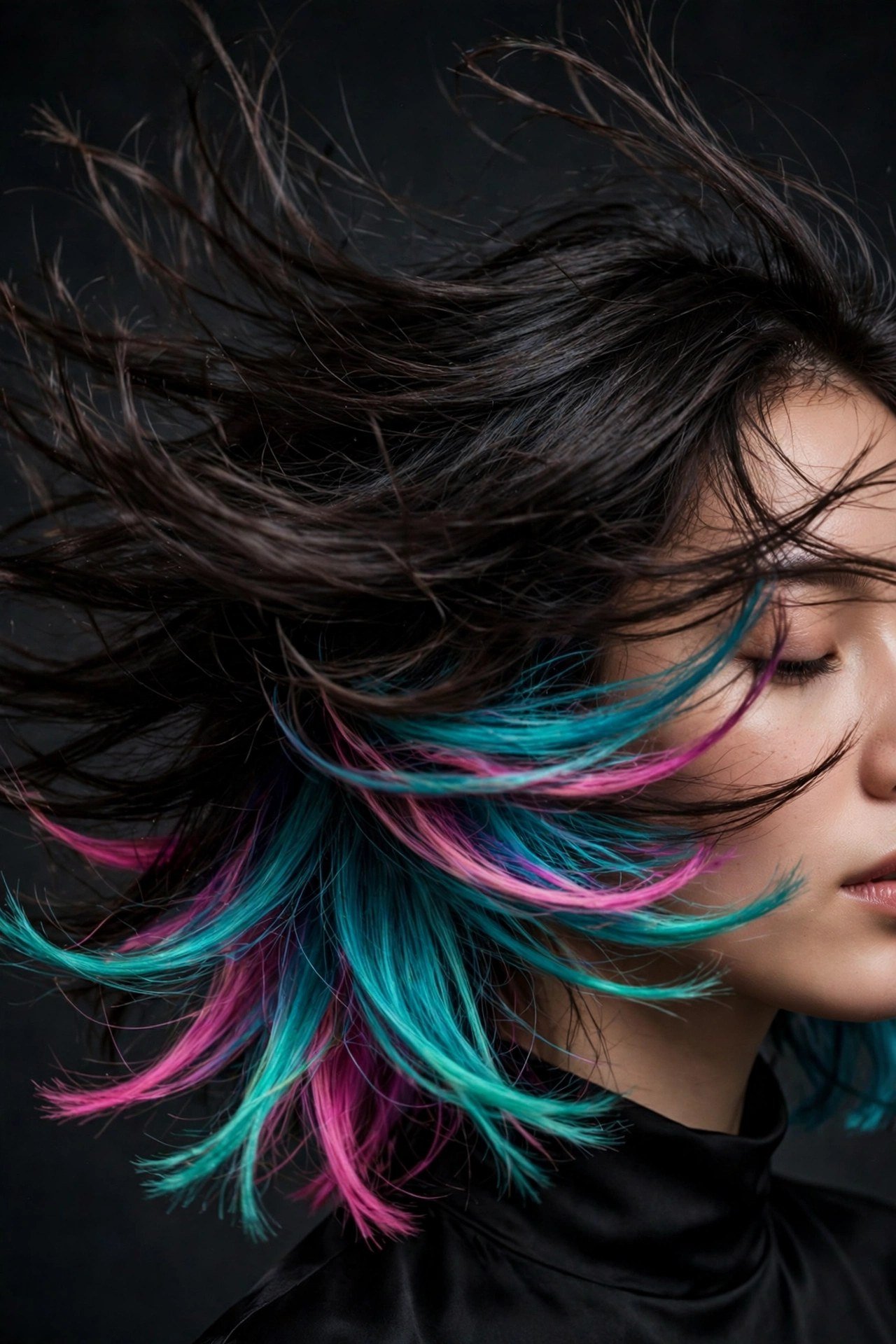 Hero shot of a woman's dark hair caught mid-motion flipping forward, revealing a hidden panel of vibrant color underneat