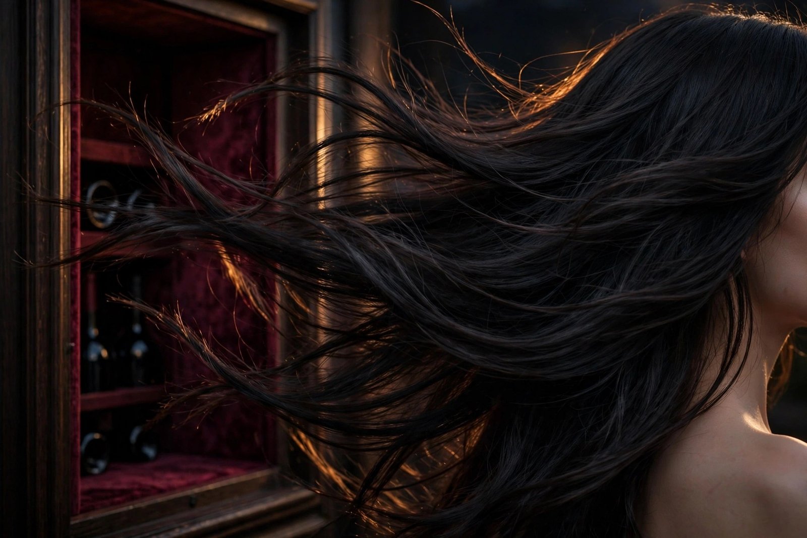 Black hair in motion revealing a deep burgundy wine hidden panel, rich evening lighting, premium hair photography