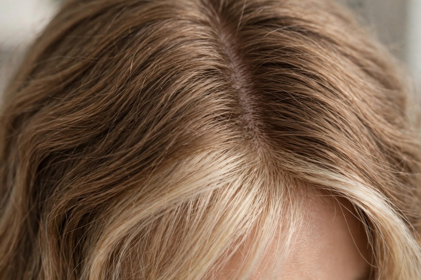 Close-up of light brown hair parted to show a champagne blonde hidden panel underneath, soft natural lighting, premium h