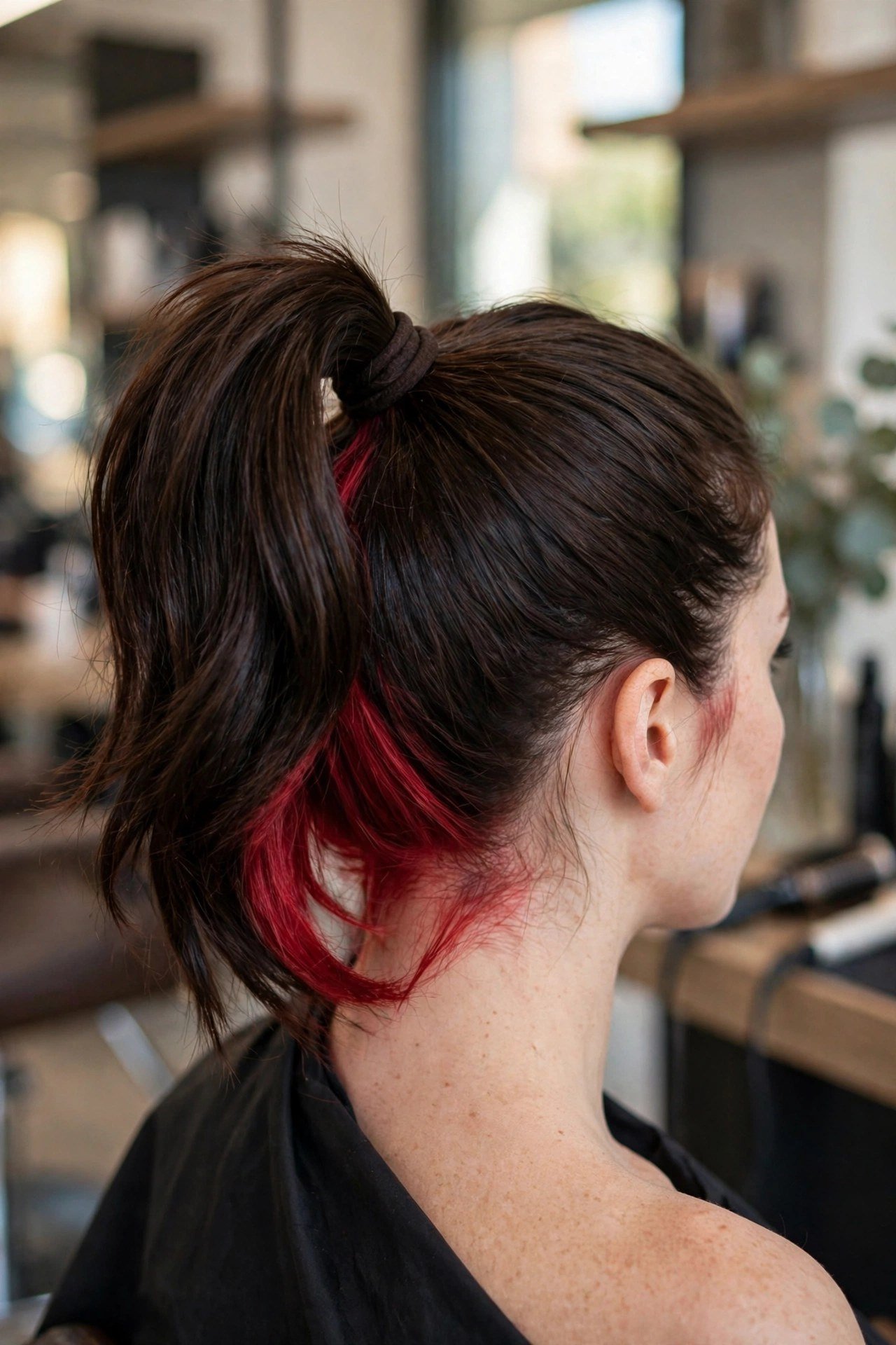 Dark brown hair in a high ponytail showing a cherry red peekaboo panel at the nape, vibrant salon photography, hair as t