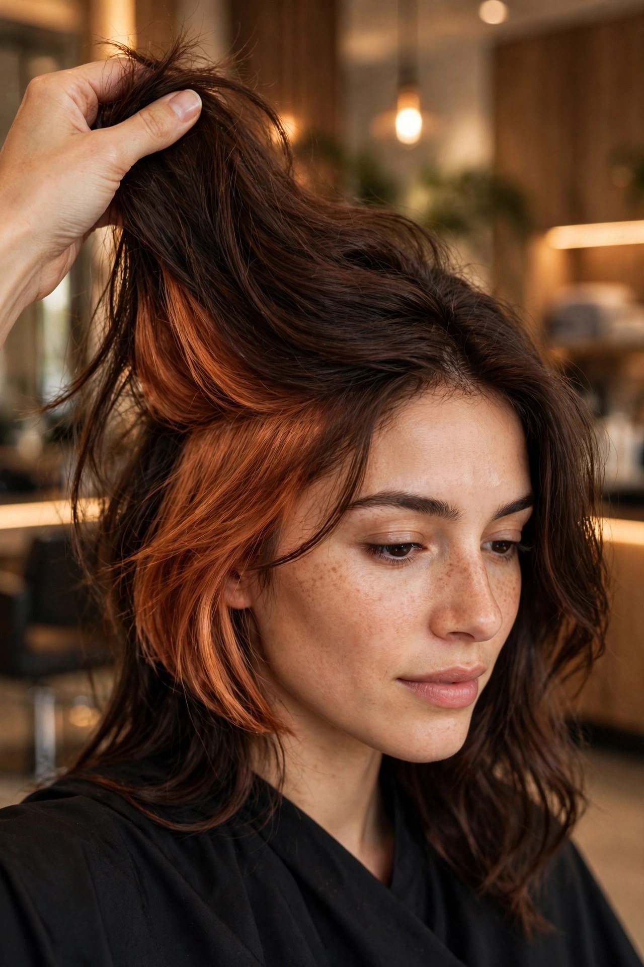 Woman with chocolate brown hair lifted to reveal a copper peekaboo panel glowing underneath, warm salon lighting, hair a