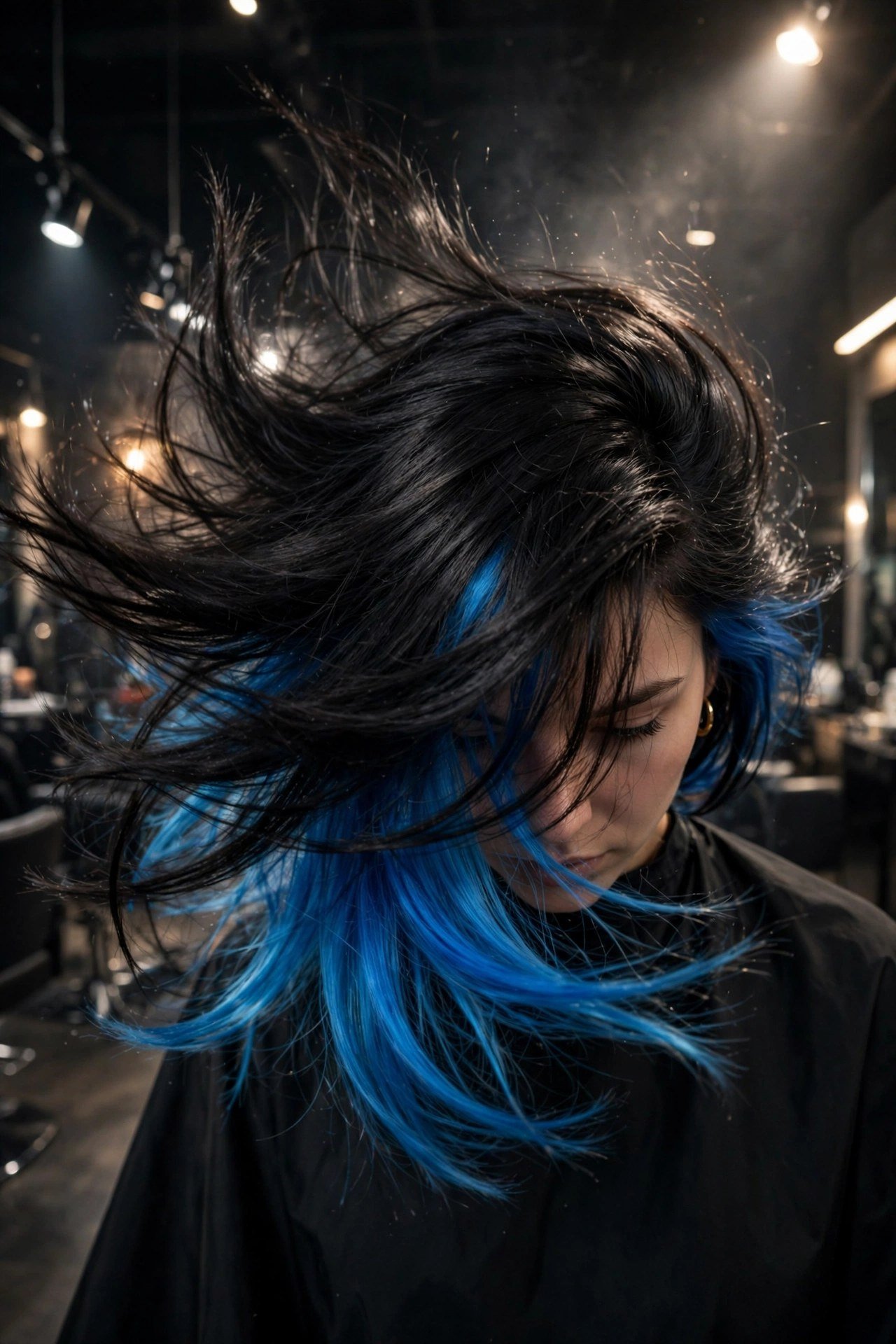 Woman flipping her jet black hair forward revealing an electric blue hidden panel underneath, dramatic salon lighting, h