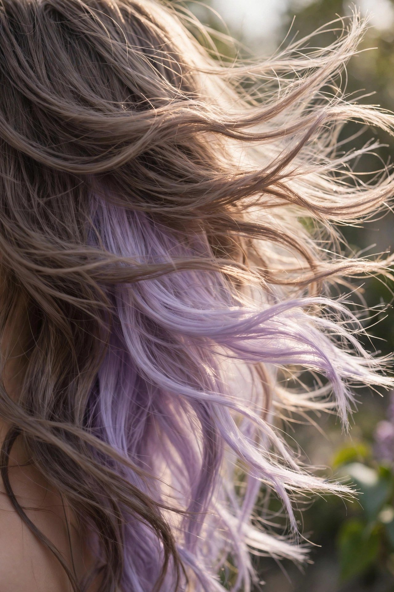 Ash brown hair moving in the wind revealing a soft lilac hidden panel, dreamy natural lighting, premium hair photography
