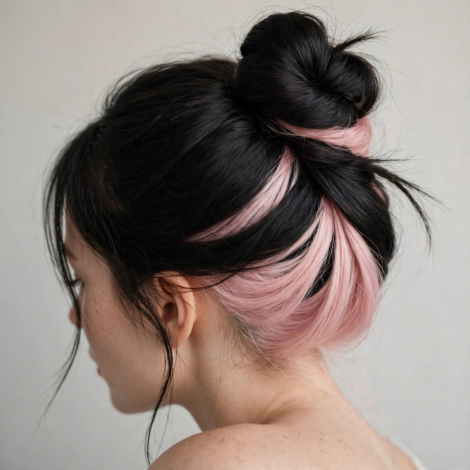 Soft black hair tied up revealing a pastel pink hidden underlayer, gentle studio lighting, hair as the hero