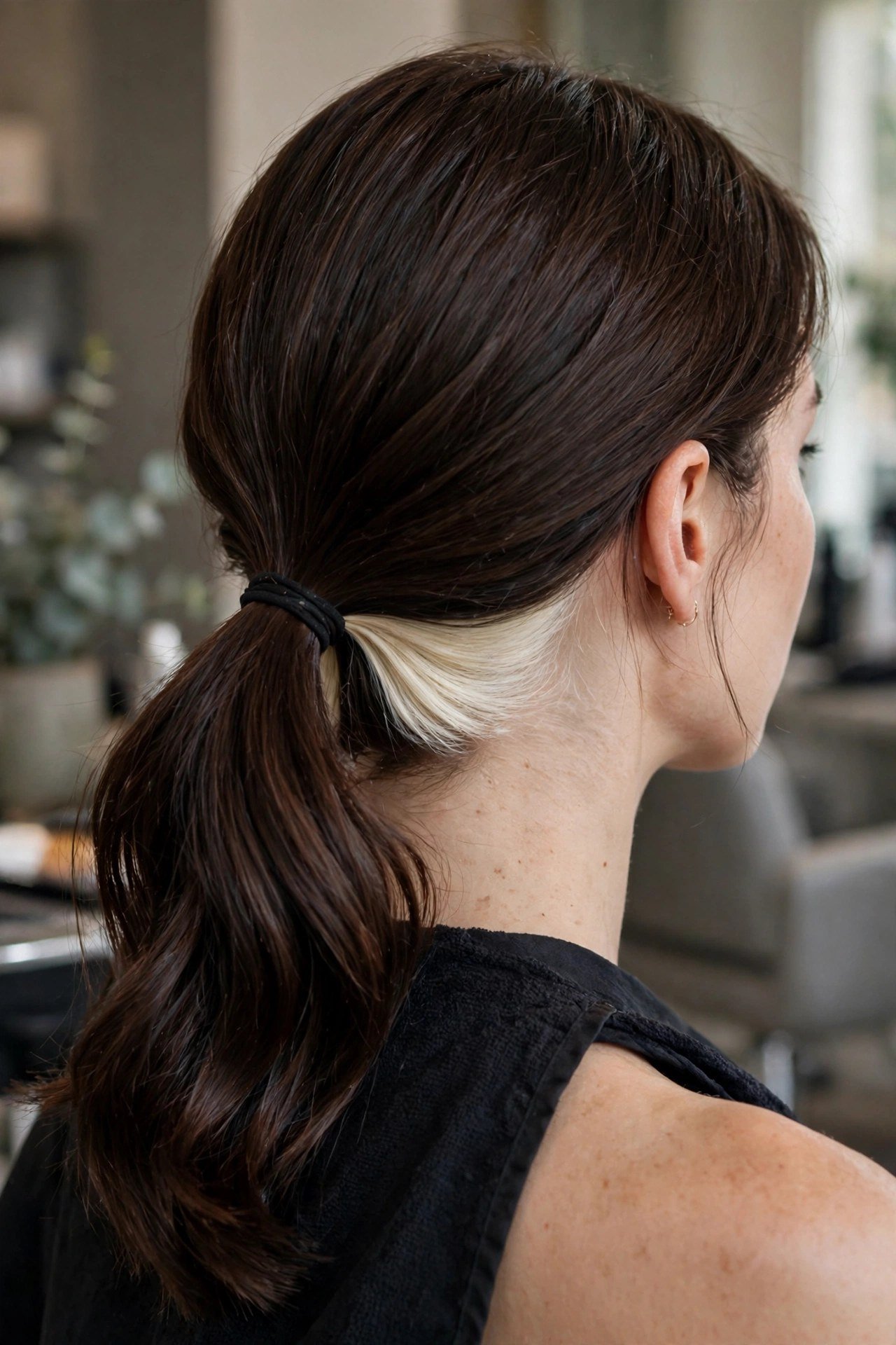 Woman with dark brown hair in a low ponytail revealing a platinum blonde hidden panel at the nape, salon photography, ha