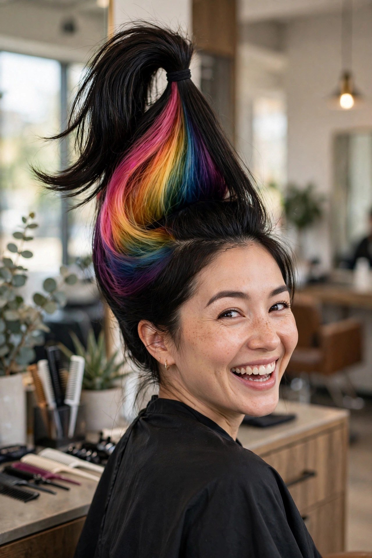Dark hair pulled into a high ponytail revealing a full rainbow colored hidden panel underneath, vibrant joyful salon pho