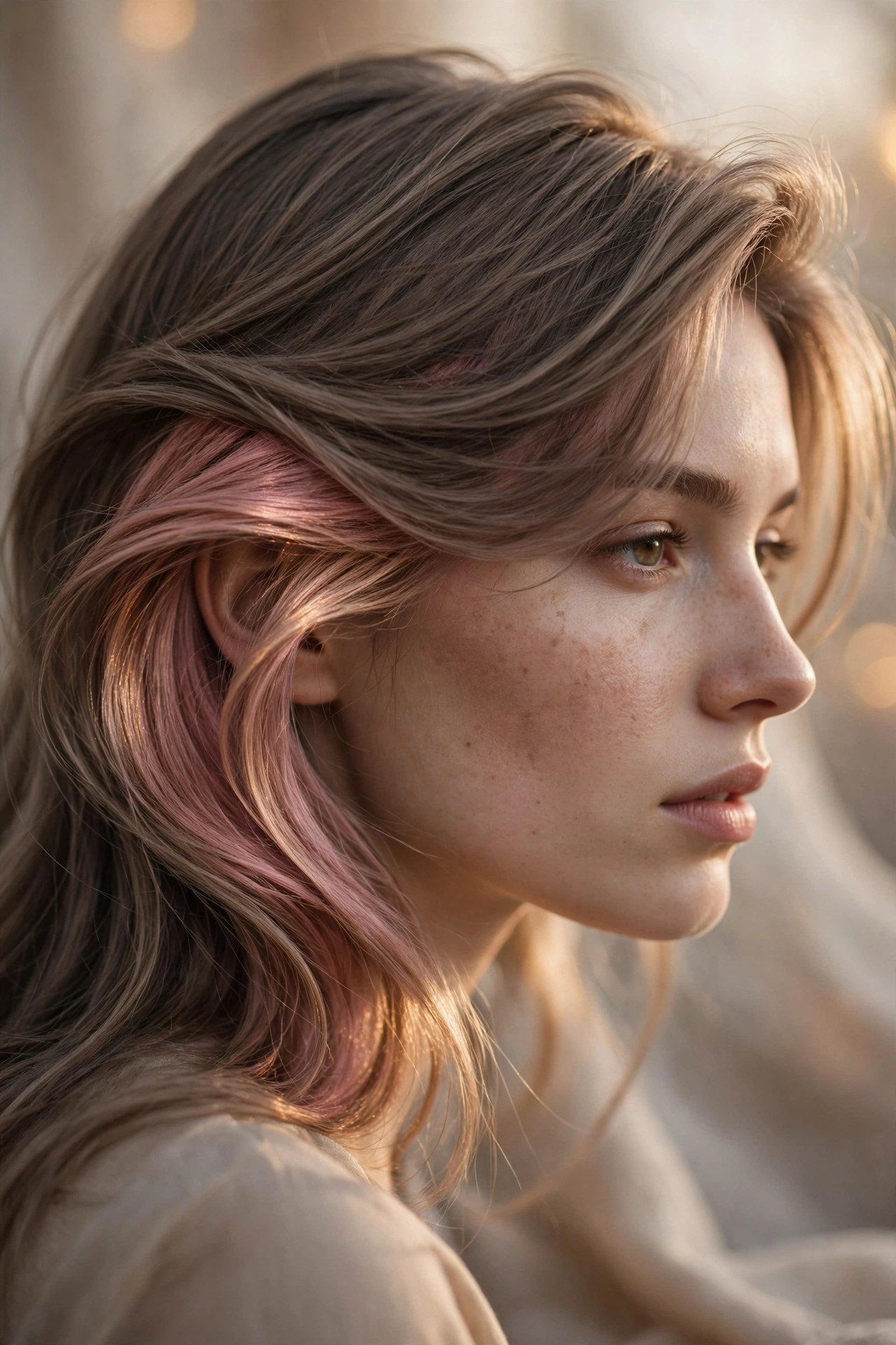 Ash brown hair swept to one side revealing a dusty rose gold hidden panel, romantic soft lighting, premium hair photogra