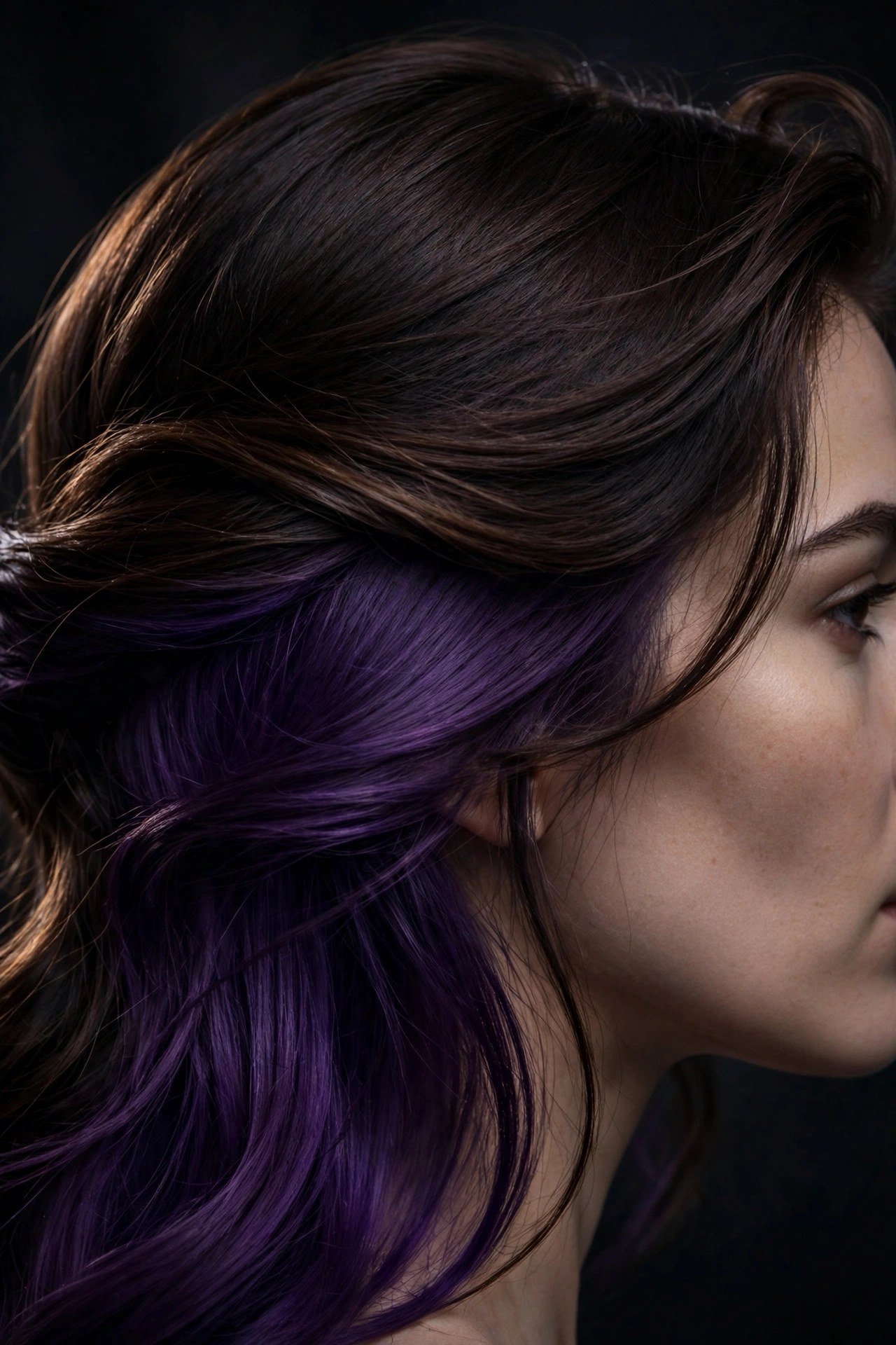 Brunette hair swept aside revealing a deep violet hidden panel, moody elegant lighting, premium hair photography