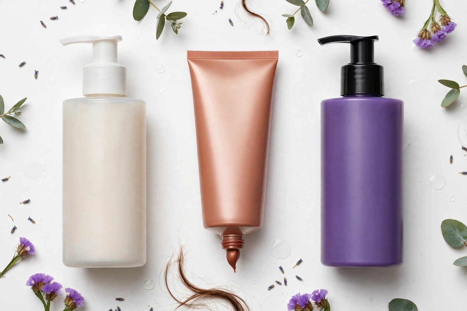 Flat lay of hair color maintenance products - sulfate-free shampoo, color-depositing conditioner, purple shampoo - on a