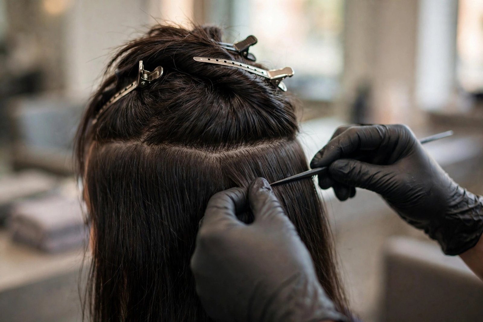Colorist's hands sectioning dark hair in a salon, revealing the clipped-up top layer and the exposed underlayer panel re