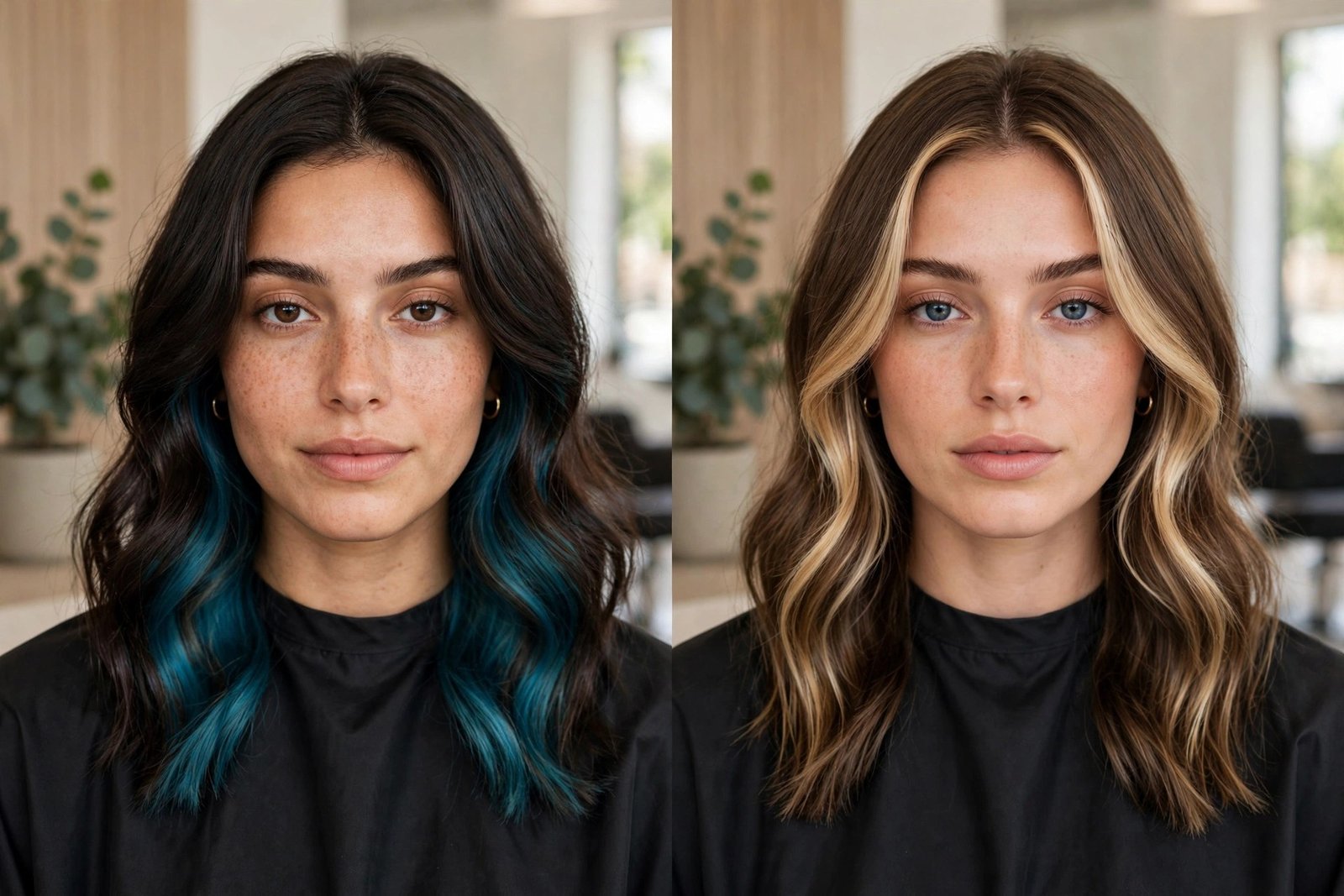 Side-by-side style comparison showing hidden underlayer color versus face-framing money piece on two models, clean educa