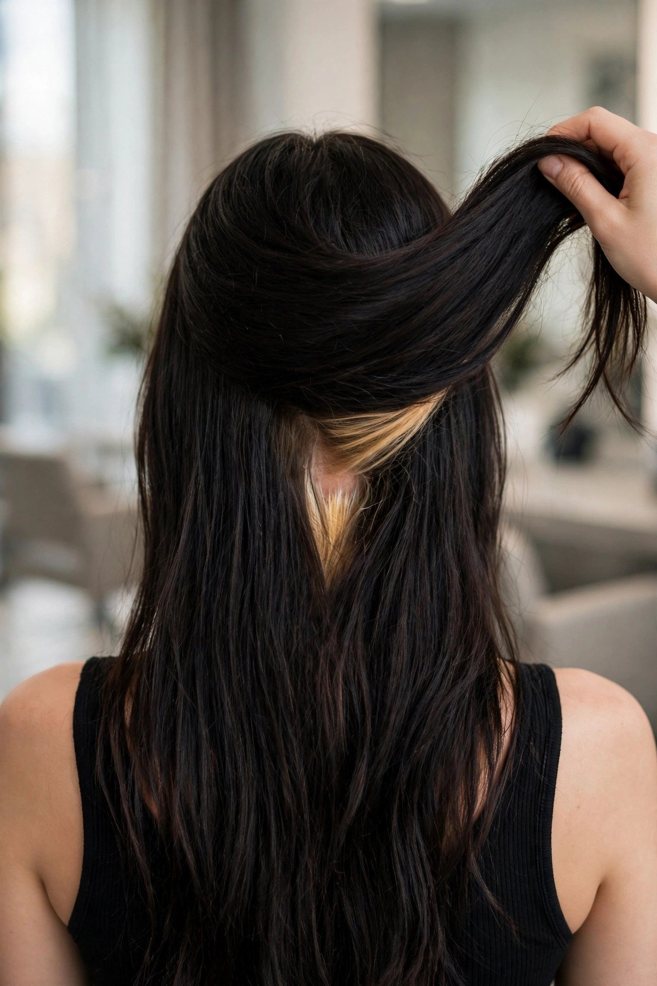 Back view of a woman with long dark hair lifted slightly to reveal a hidden blonde panel at the nape, clean salon photog