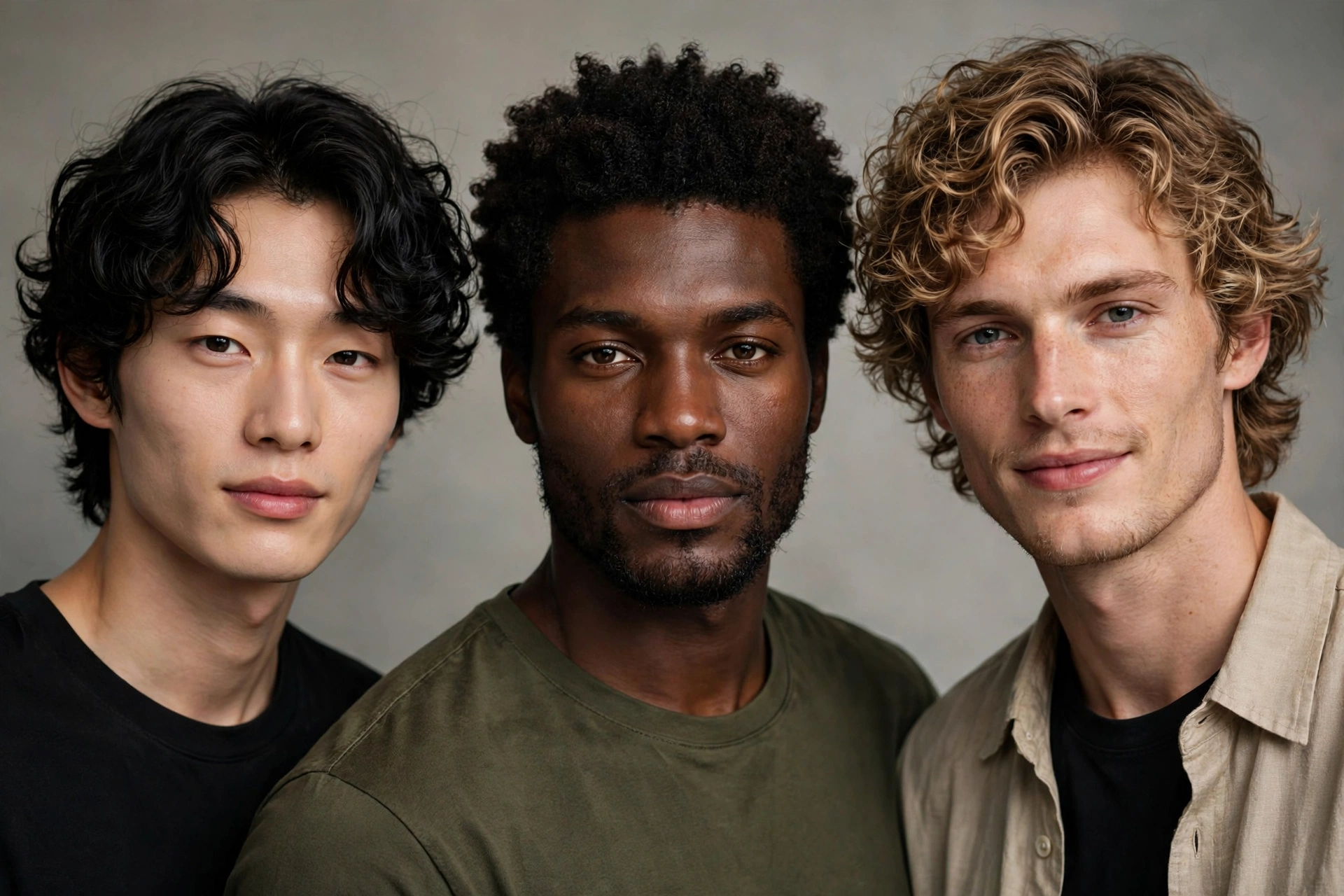 three diverse male models with different face shapes wearing permed hairstyles, studio lighting, premium photography, no text
