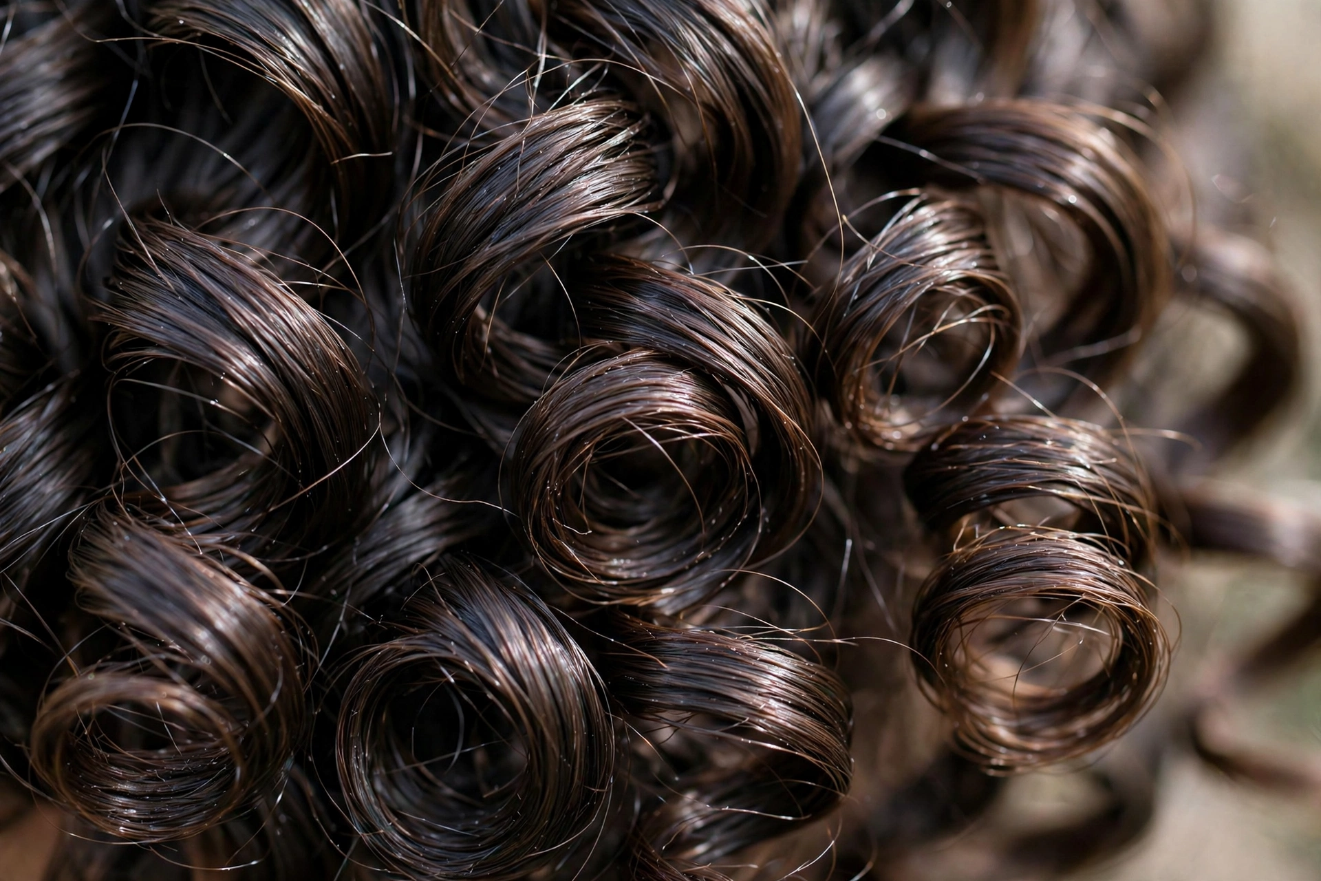 close-up of healthy shiny permed curls, hair texture detail, premium macro photography, no text