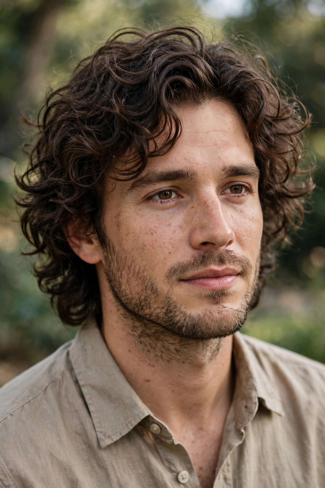 man with grown-out perm, longer relaxed curls after a few months, natural look, premium portrait, no text