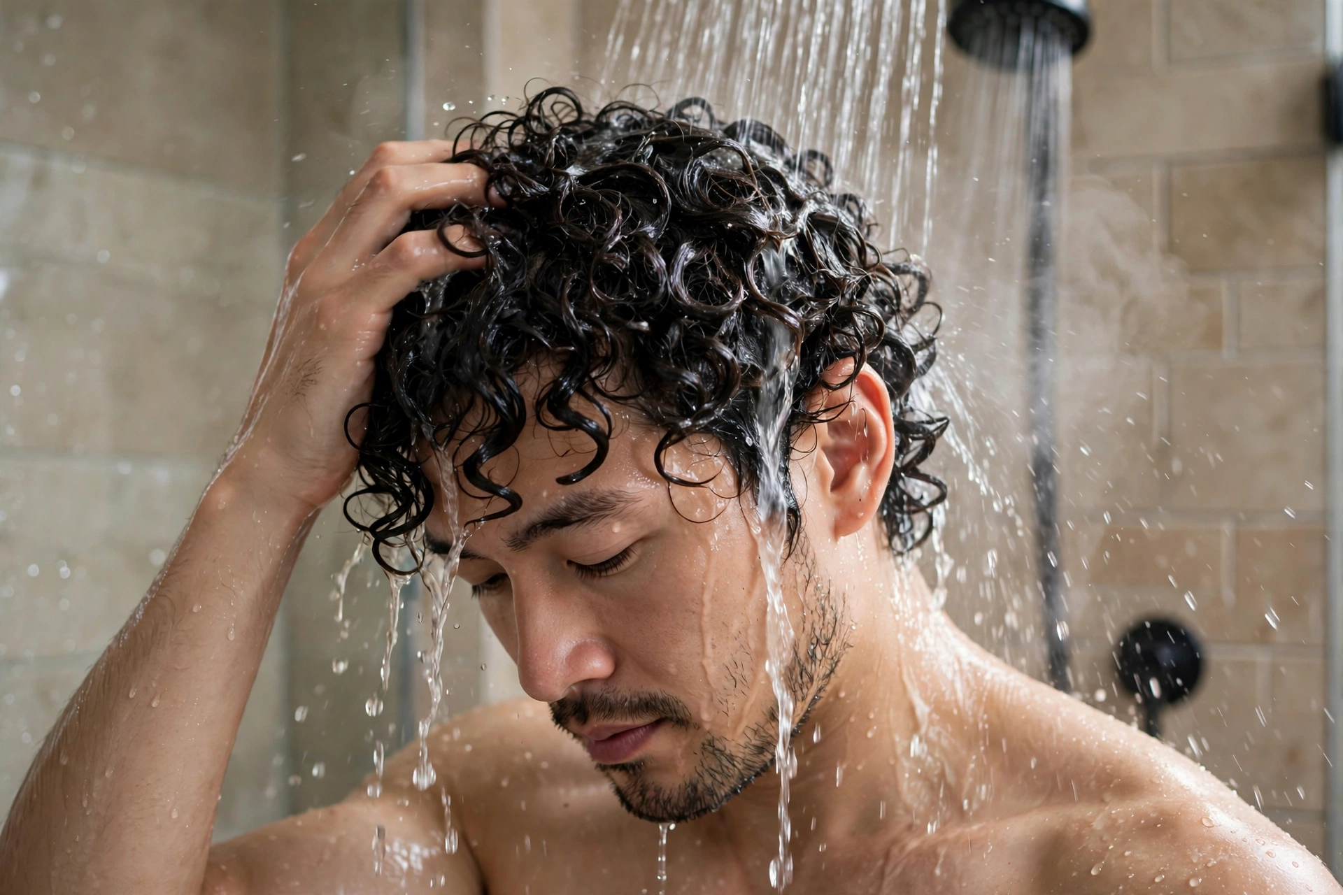 man washing his curly permed hair in shower, water running through curls, premium photography, no text