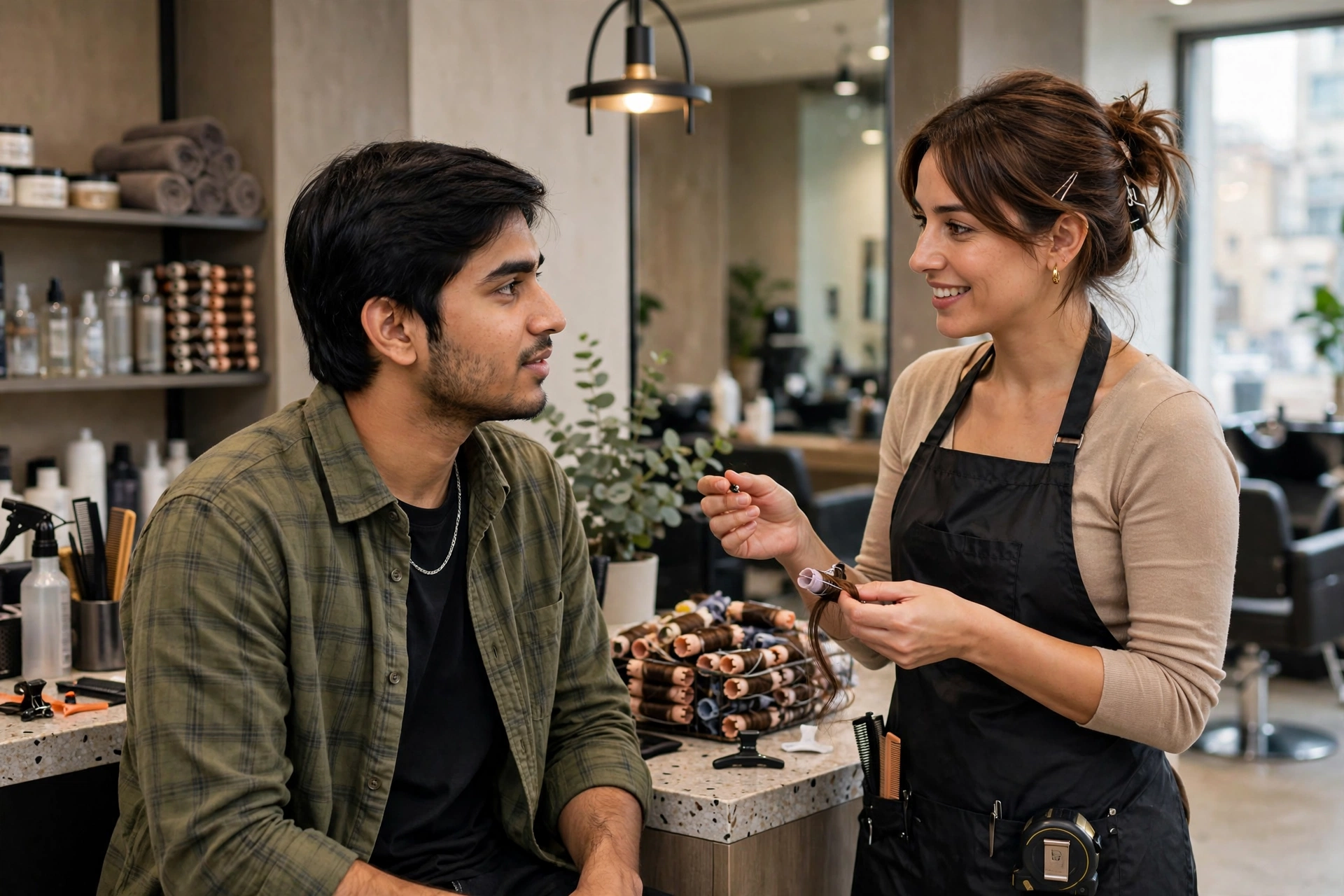 young South Asian man with naturally straight hair consulting stylist about getting a perm, salon photography, no text