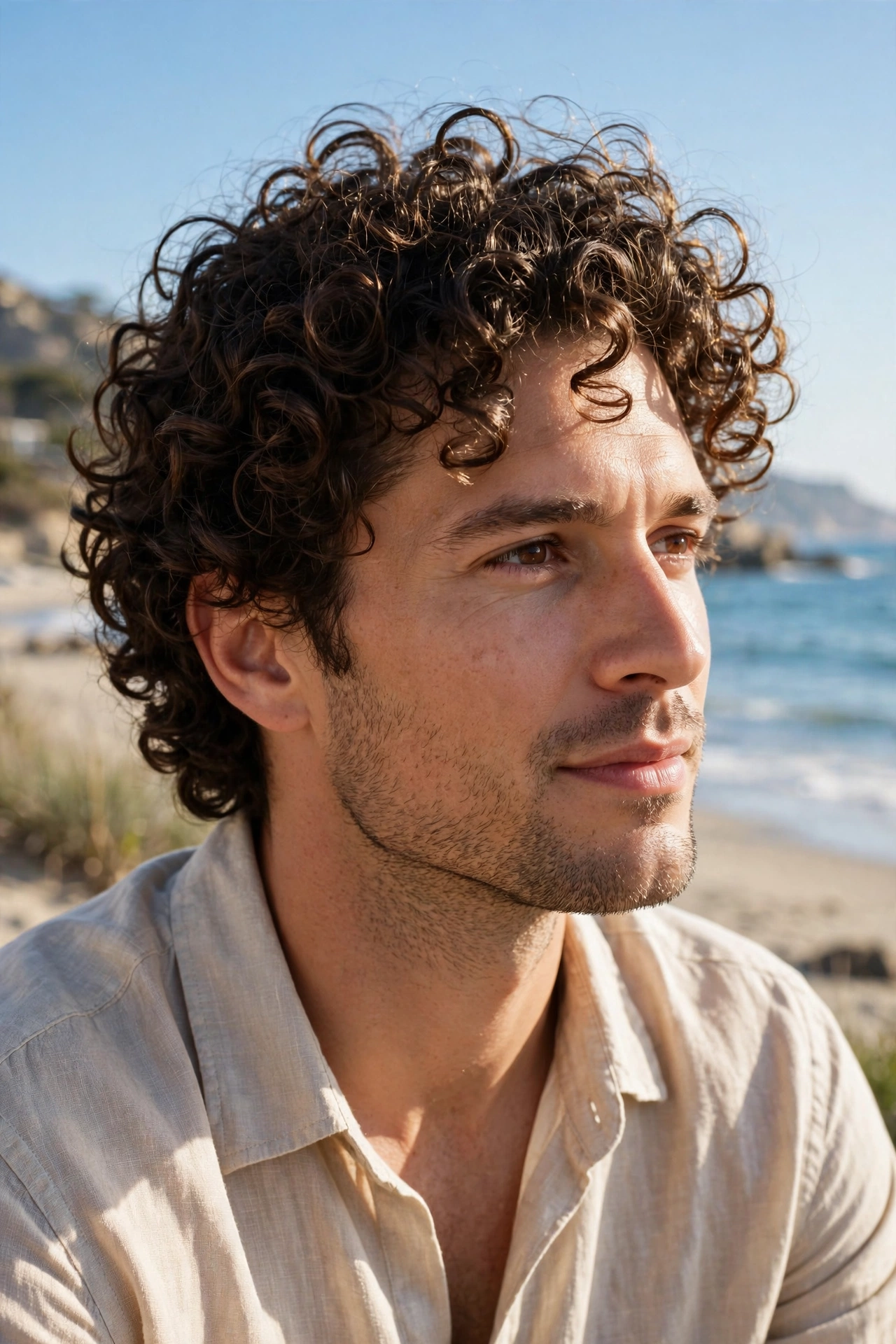 man with permed hair at the beach, sea and sunlight, curls in natural light, premium photography, no text