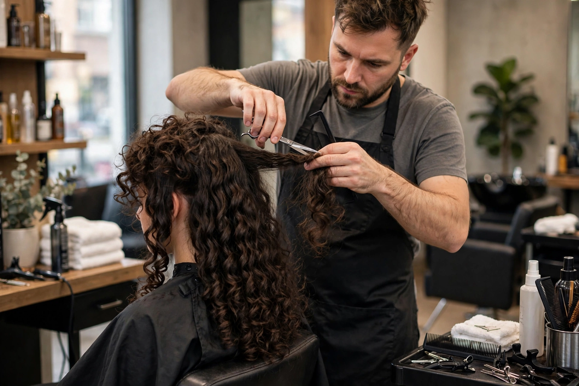 barber cutting permed curls shorter during a transition haircut, salon photography, no text
