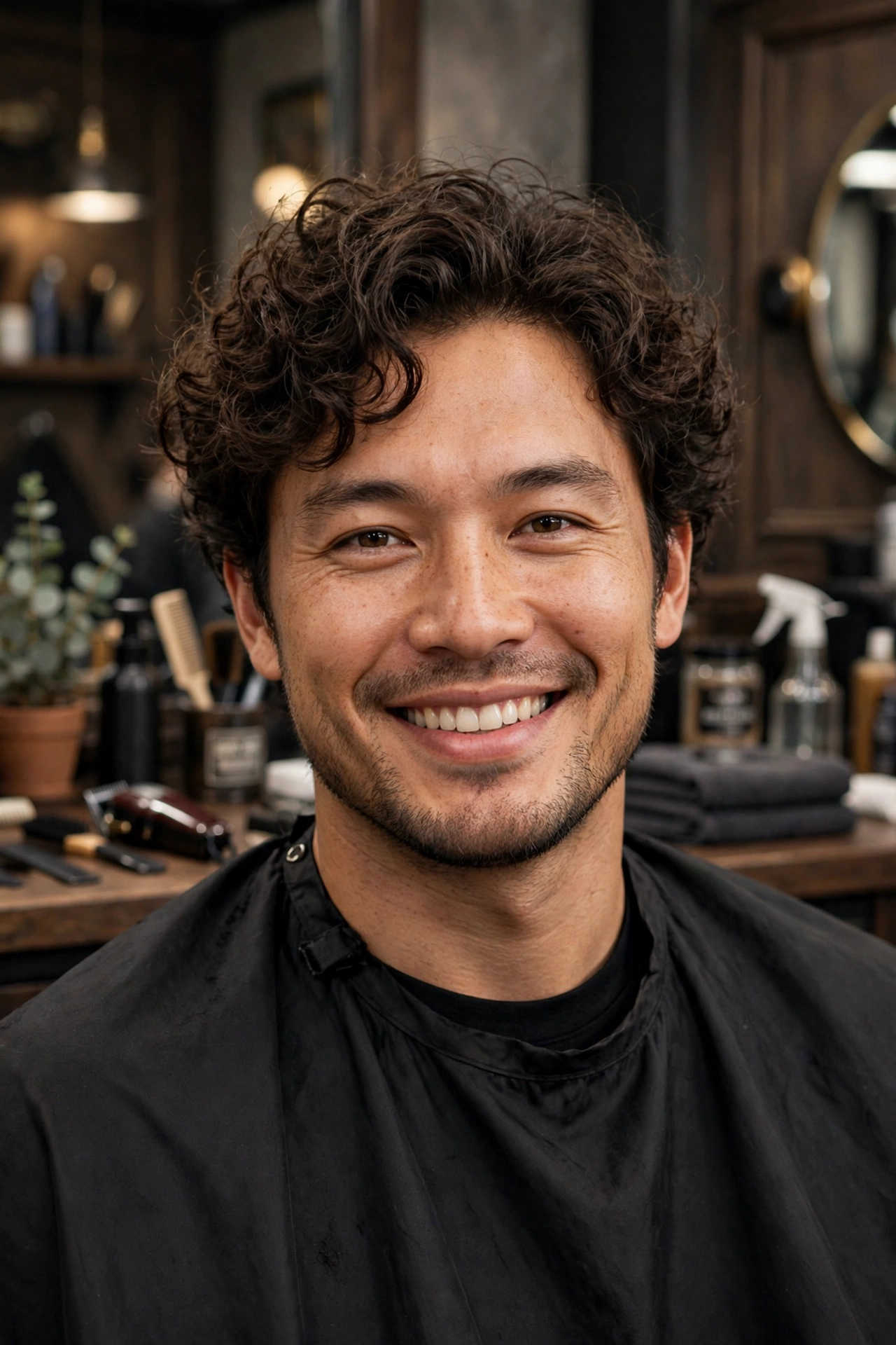 confident man with fresh loose perm smiling in barbershop, premium portrait, no text
