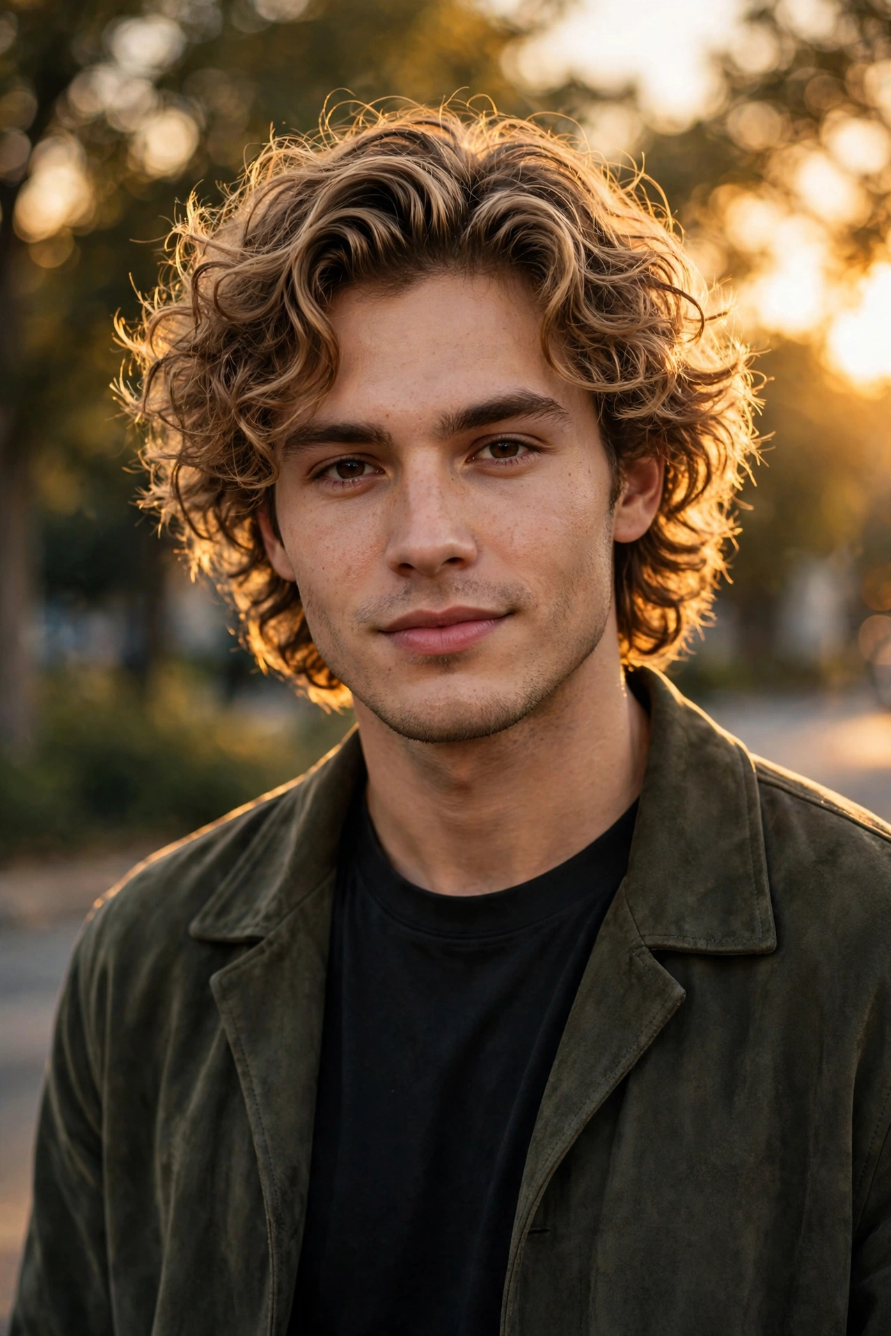 confident young man with stylish loose perm, golden hour outdoor portrait, premium photography, no text