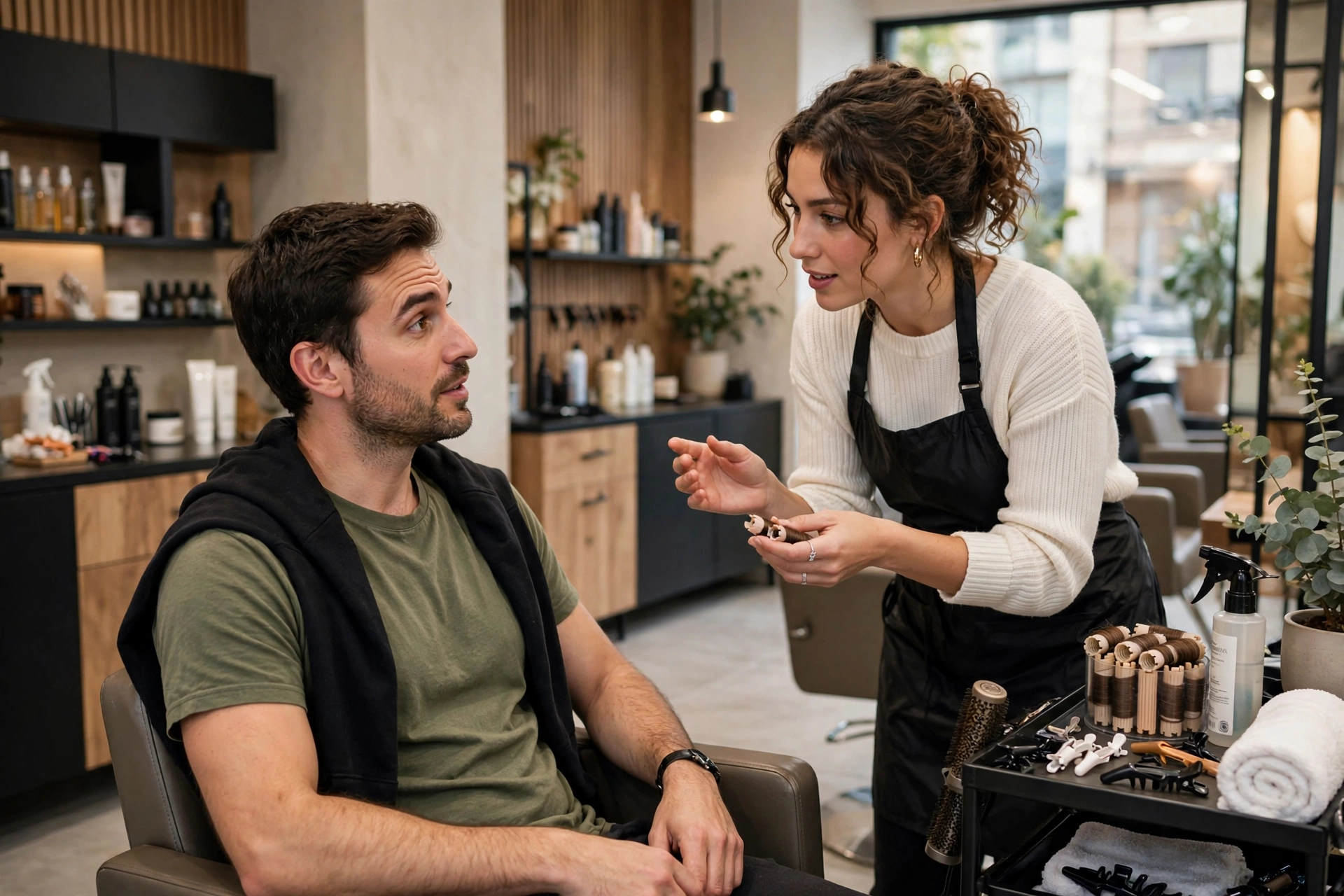 man consulting with stylist in modern salon chair, discussing perm hairstyle, professional salon photography, no text