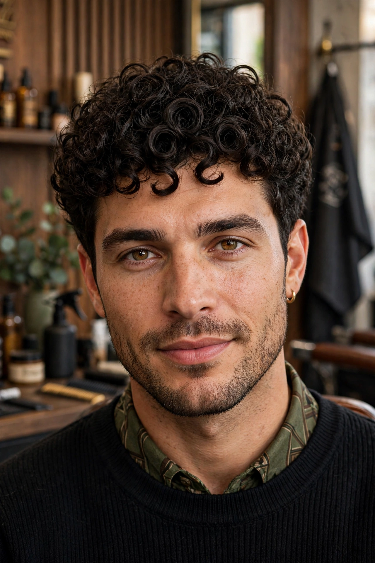 man with classic tight perm, defined all-over curls, retro inspired but modern styling, premium barbershop portrait, no text