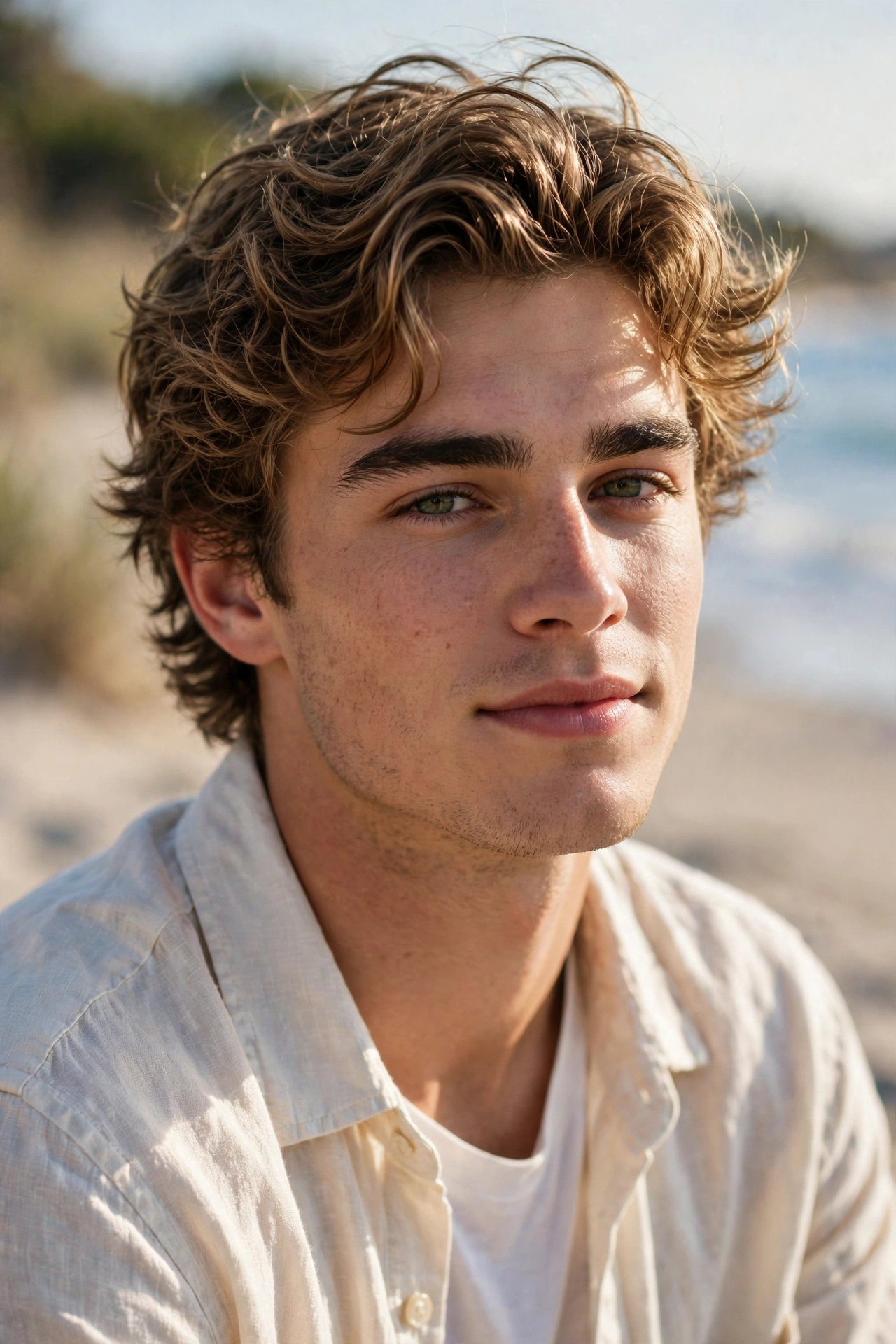 young man with loose wavy perm, relaxed beachy waves, natural sunlight, effortless style, premium photography, no text