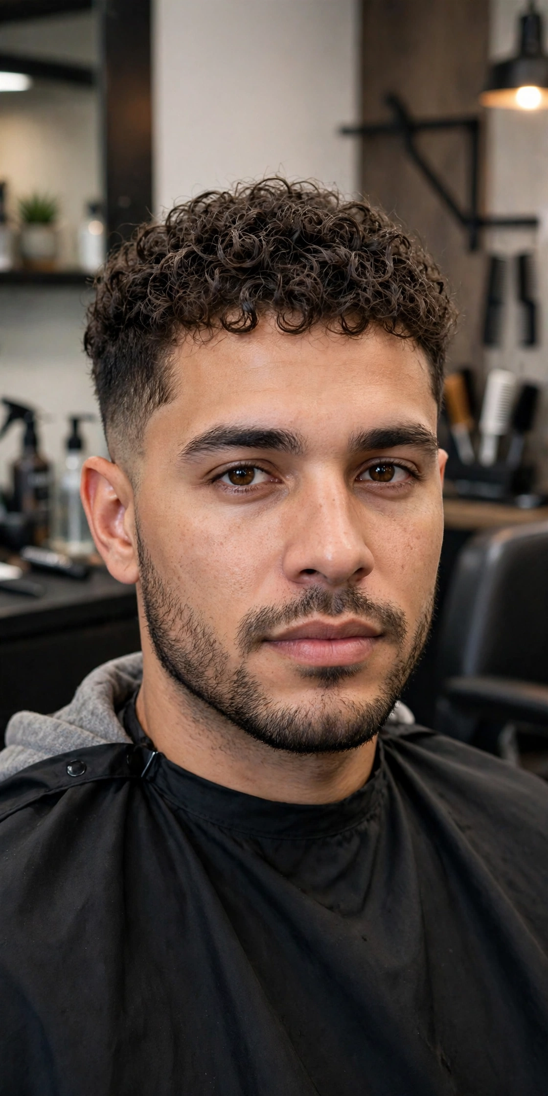 man with textured crop perm, short permed curls on top with faded sides, modern barbershop portrait, no text