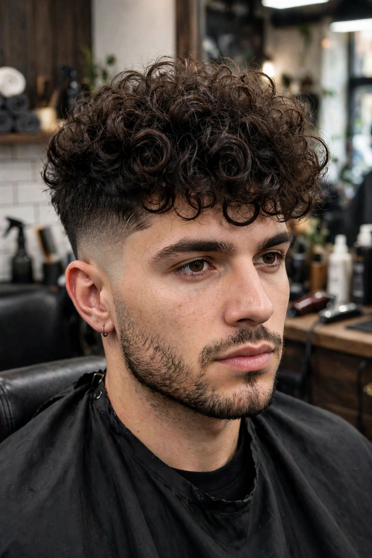 man with voluminous perm on top and clean mid fade on sides, sharp contrast, barbershop photography, no text